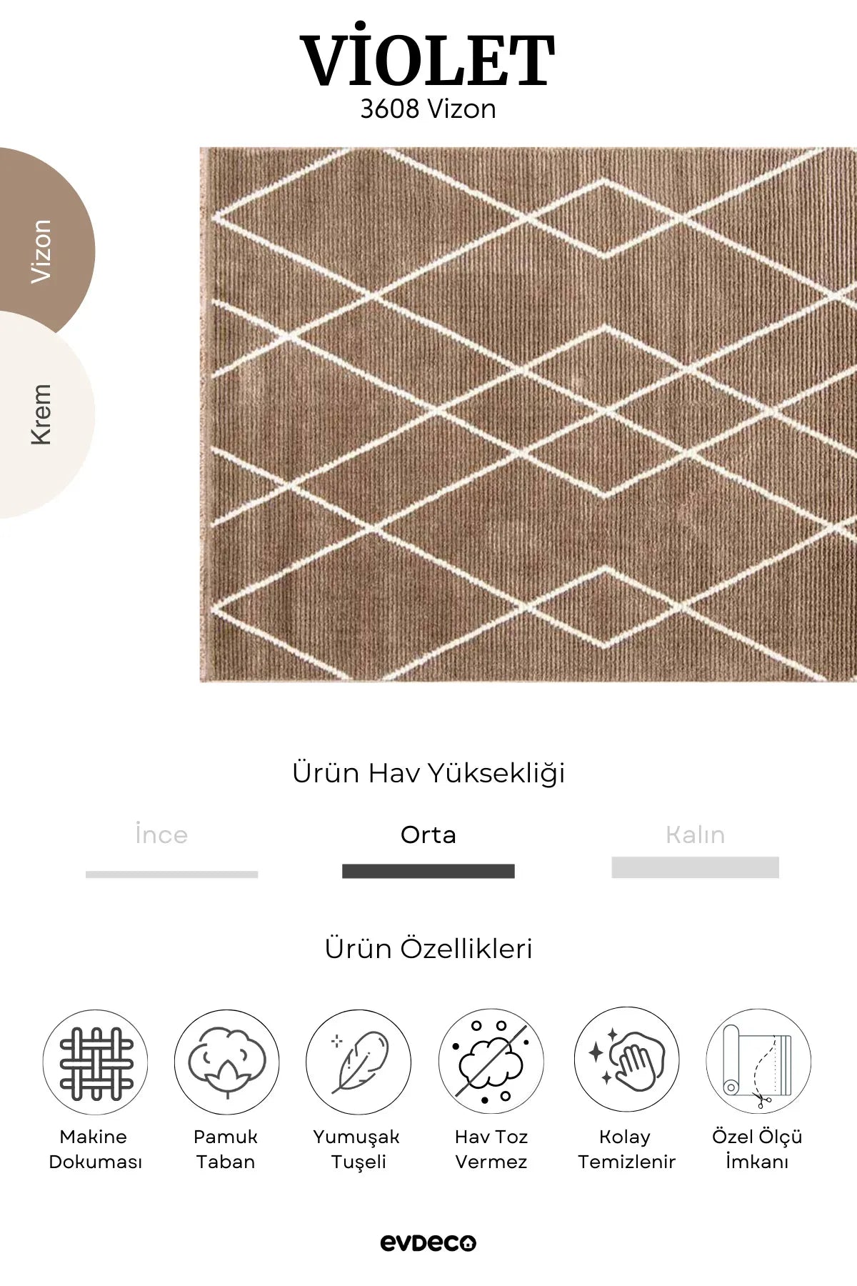 Evdeco Violet 3608 Mink Soft Texture Modern Living Room Carpet