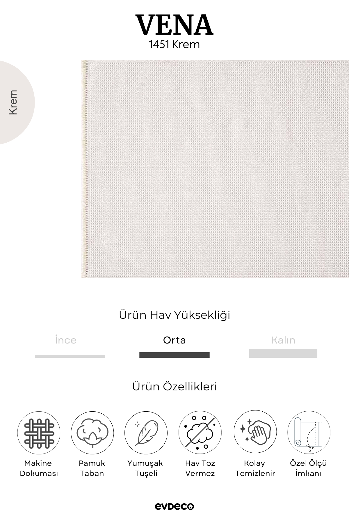 Evdeco Vena 1451 Krem Yumuşak ve Parlak Tuşeli Kesme Halı