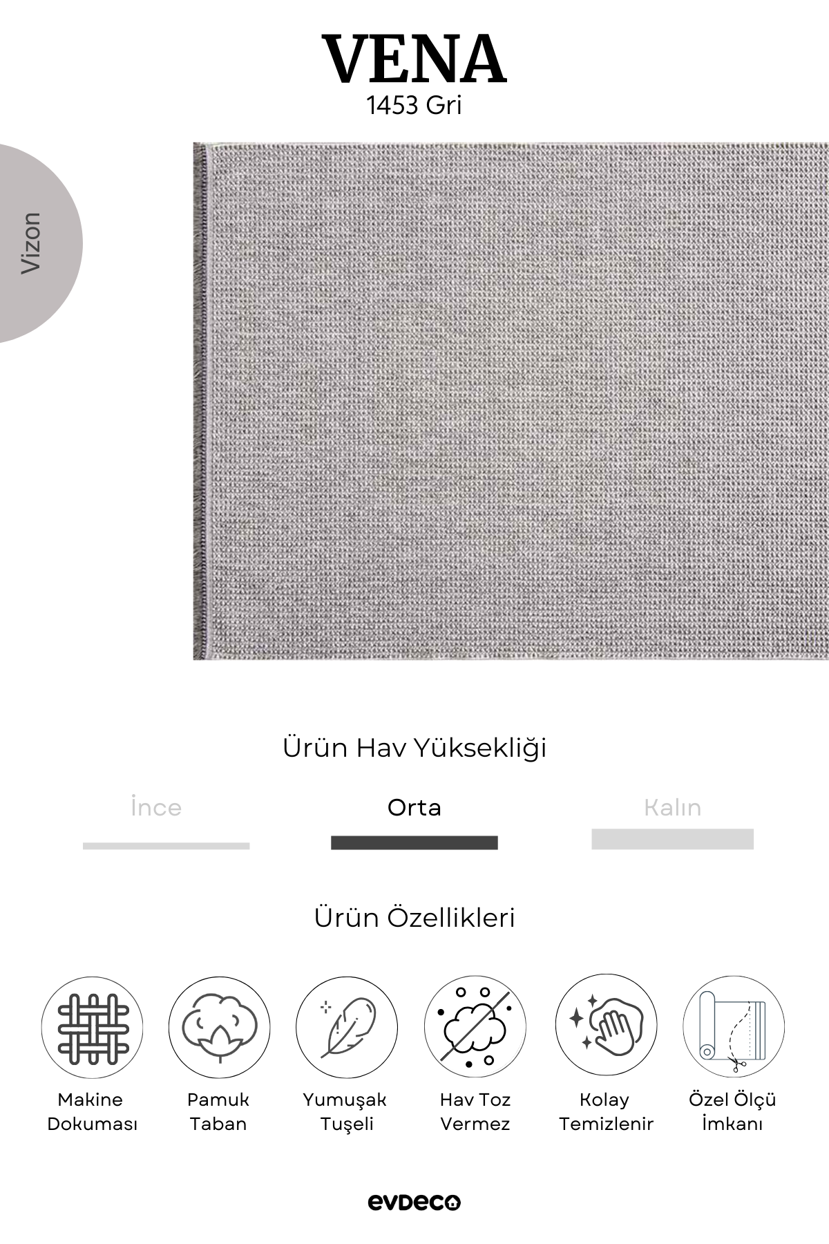 Evdeco Vena 1453 Gri Yumuşak ve Parlak Tuşeli Kesme Halı