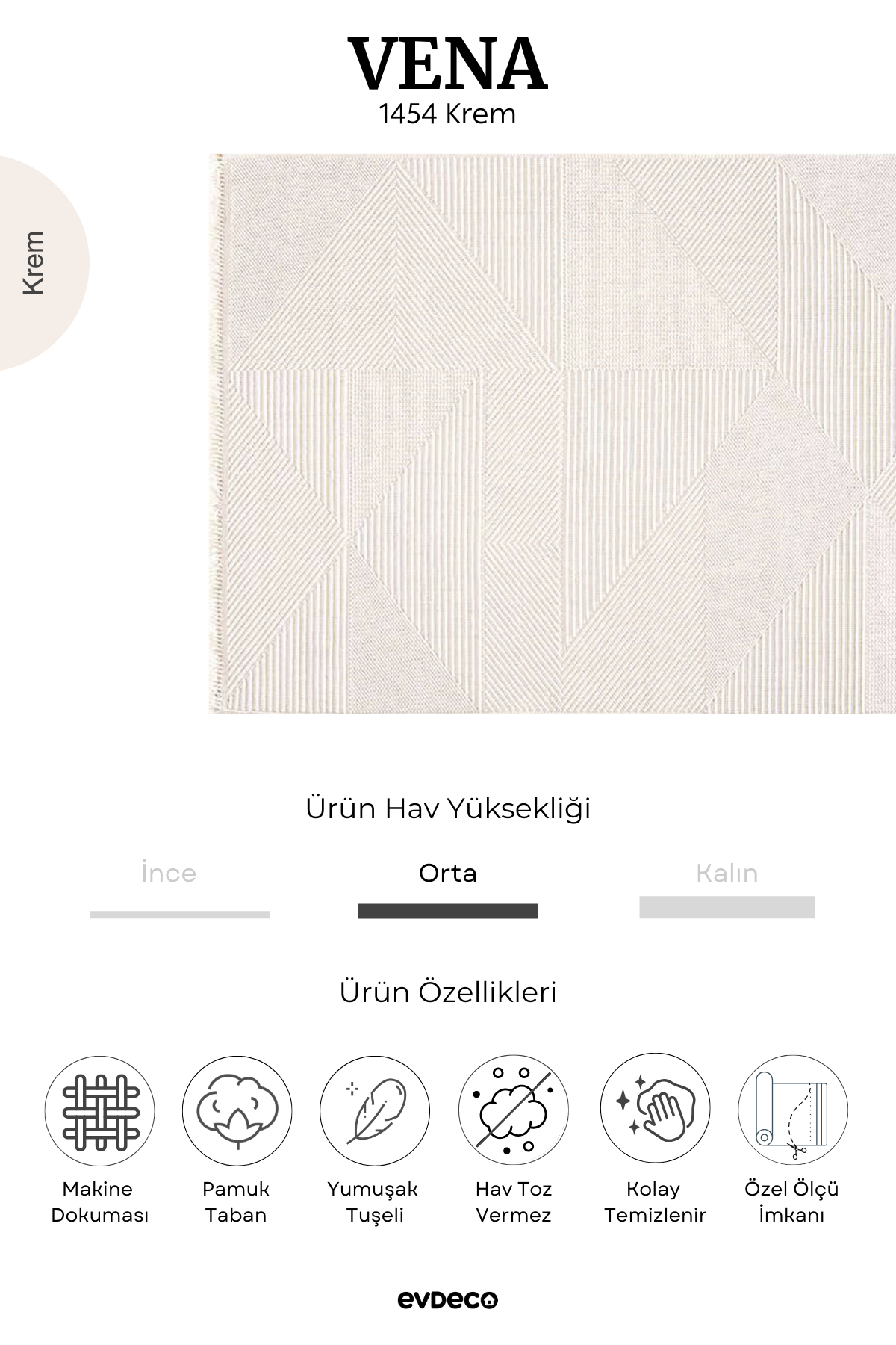 Evdeco Vena 1454 Krem Yumuşak ve Parlak Tuşeli Kesme Halı