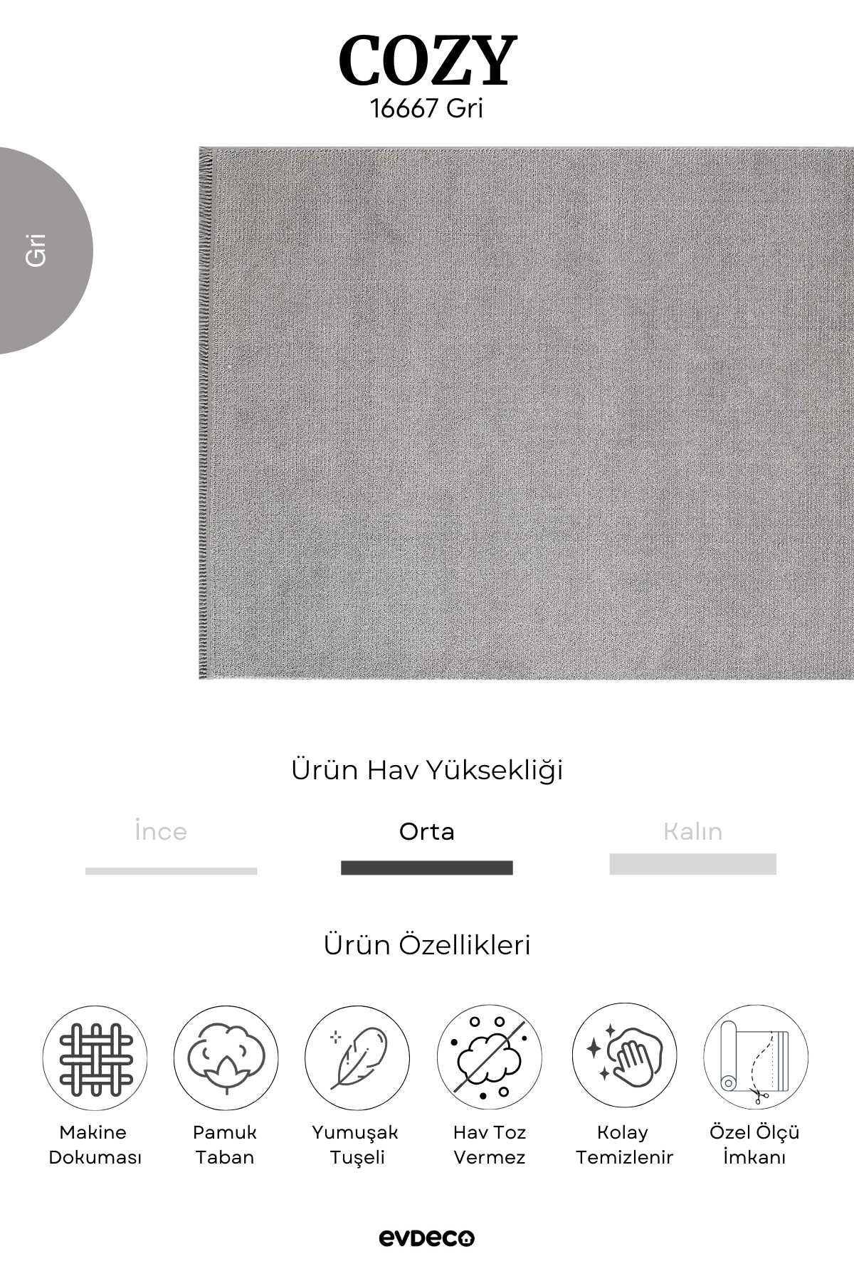 Evdeco Cozy 16667 Gri Halı