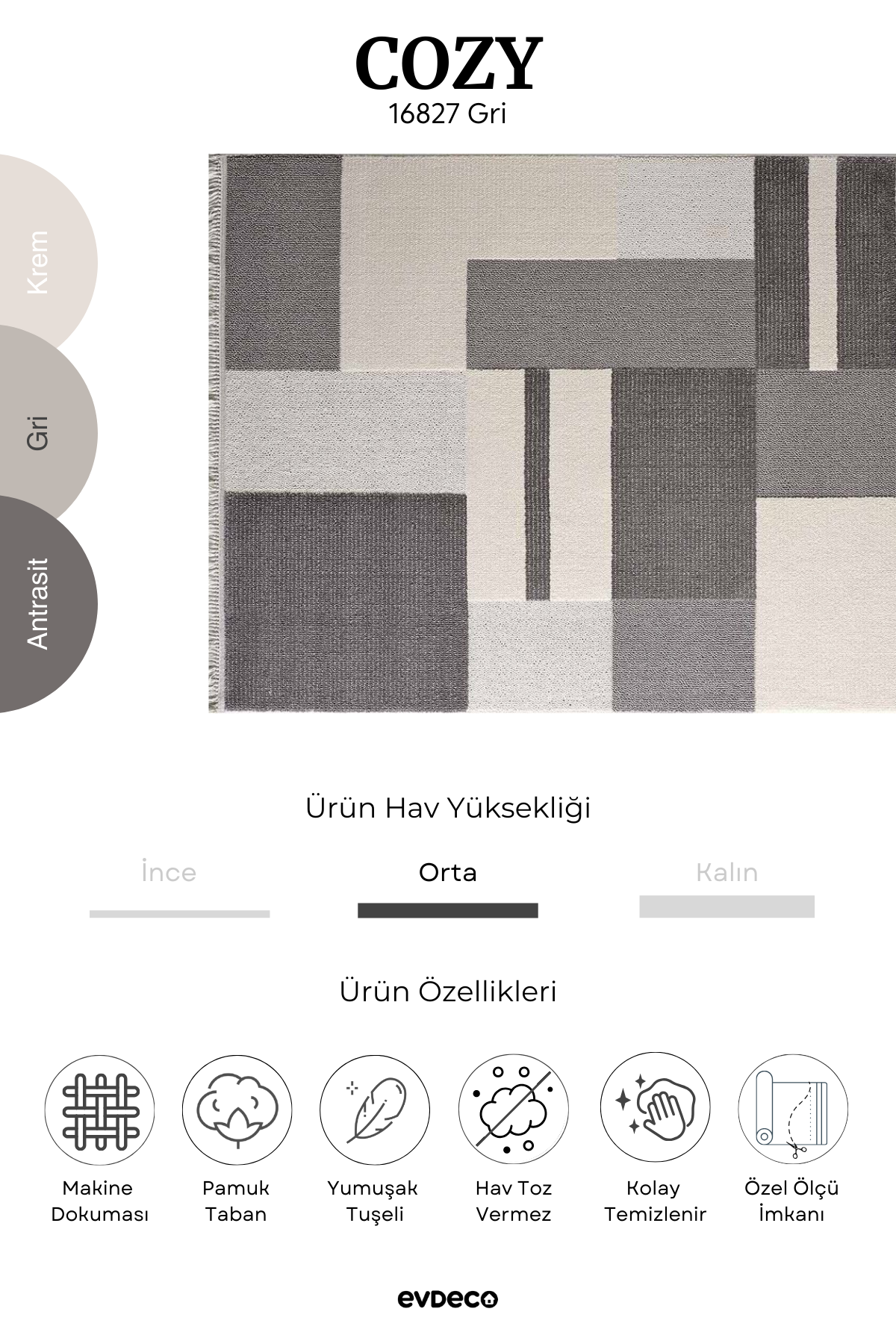 Evdeco Cozy 16827 Gray Carpet