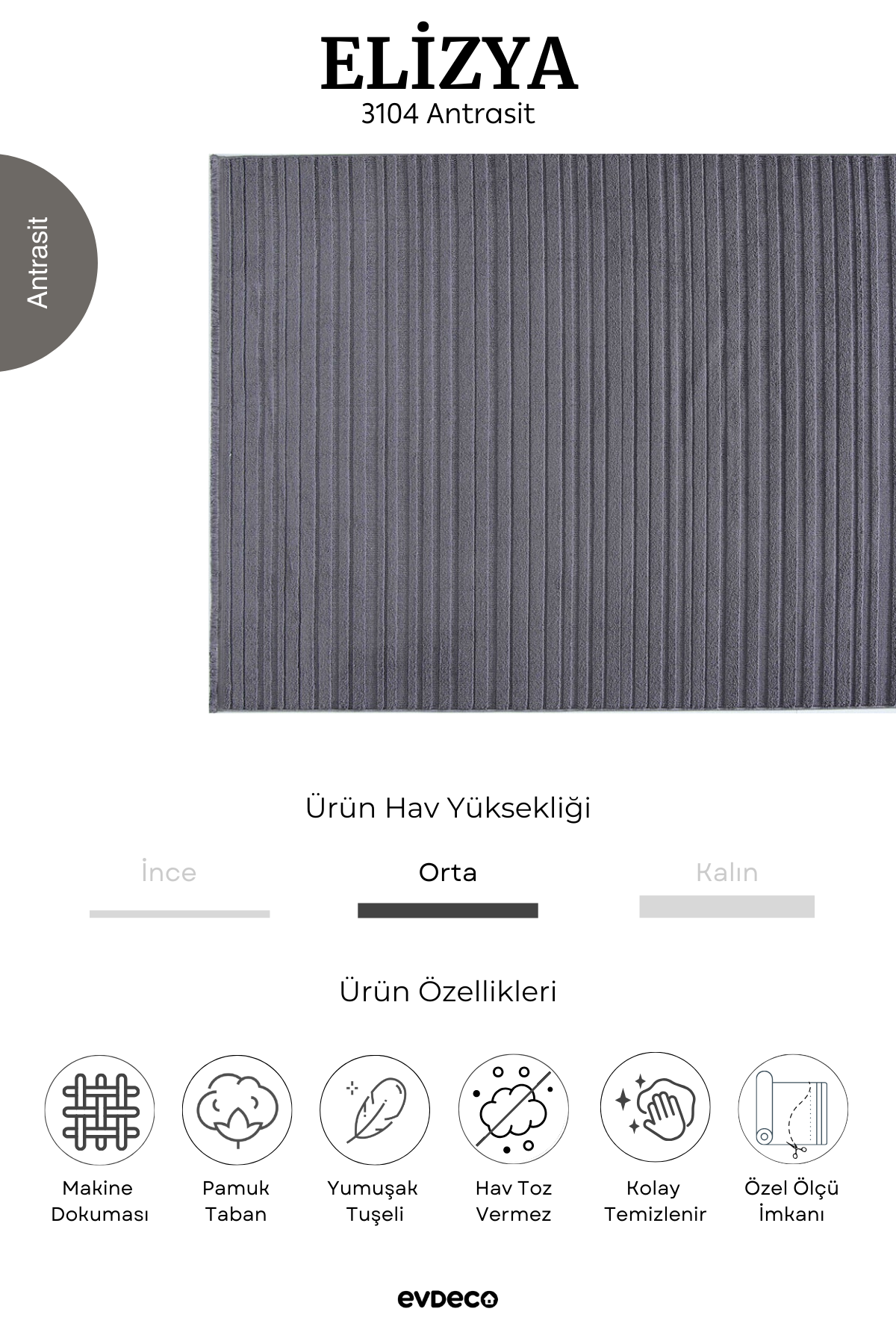 Evdeco Elizya 3104 Anthracite Modern Cut Runner Carpet
