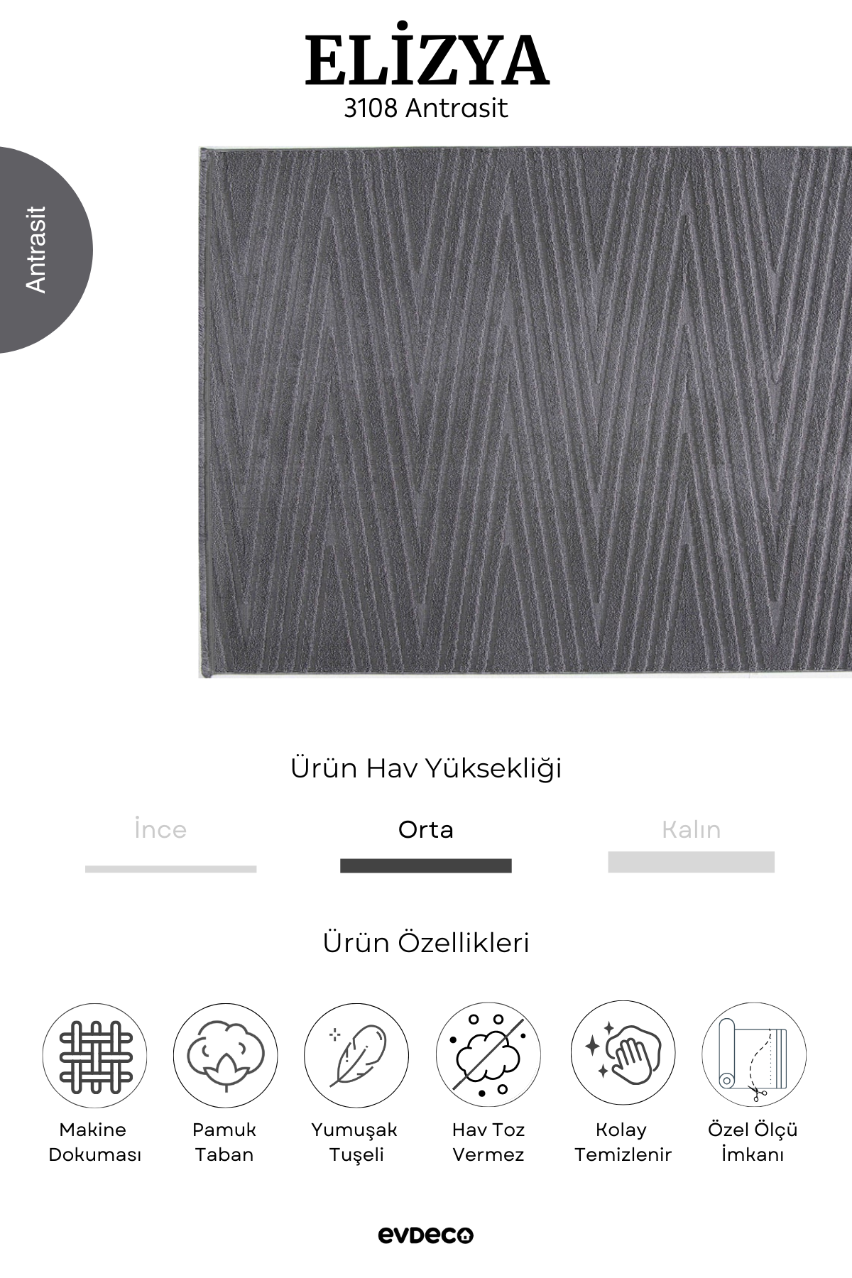 Evdeco Elizya 3108 Antrasit Modern Kesme Yolluk Halı