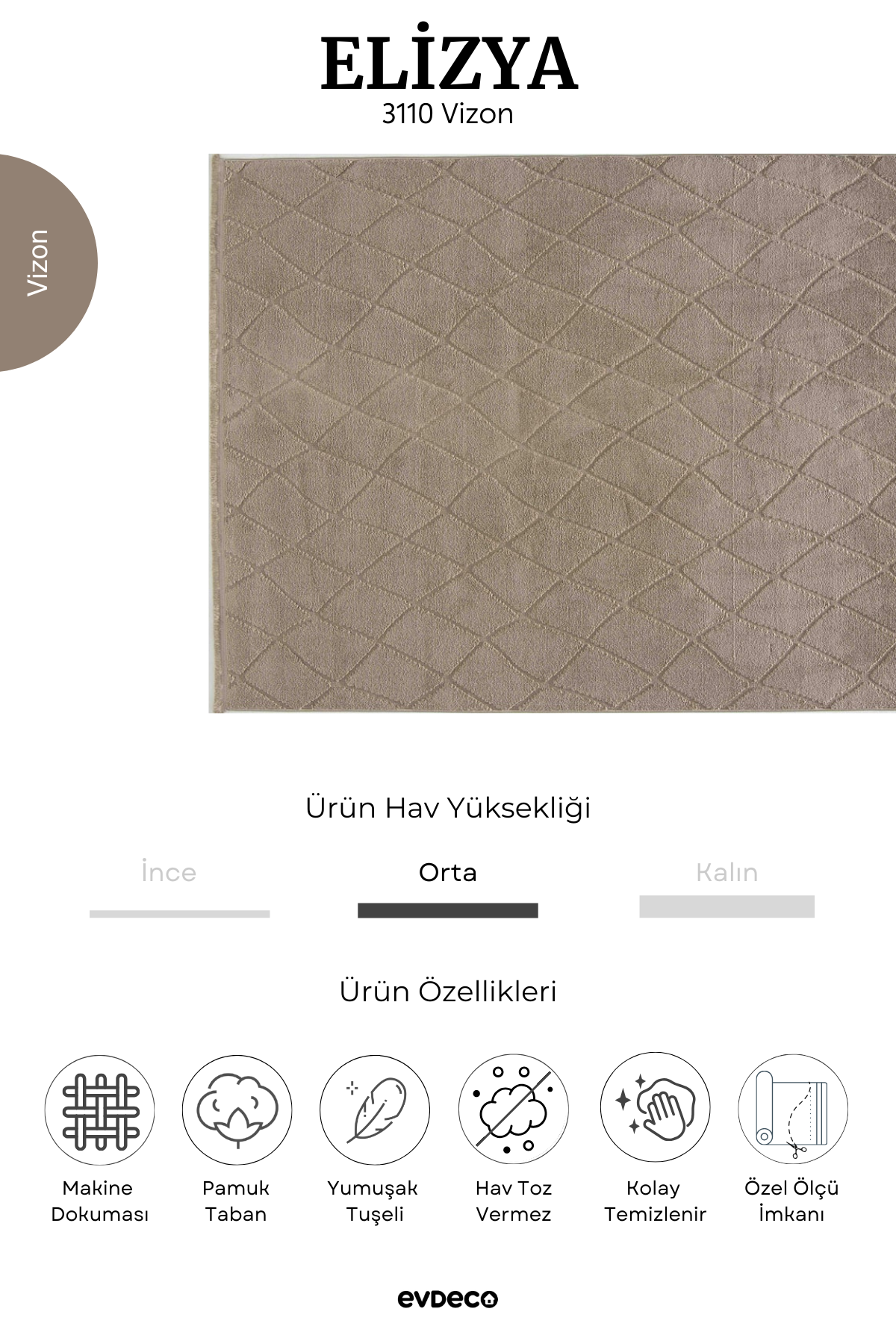 Evdeco Elizya 3110 Vizon Modern Kesme Yolluk Halı