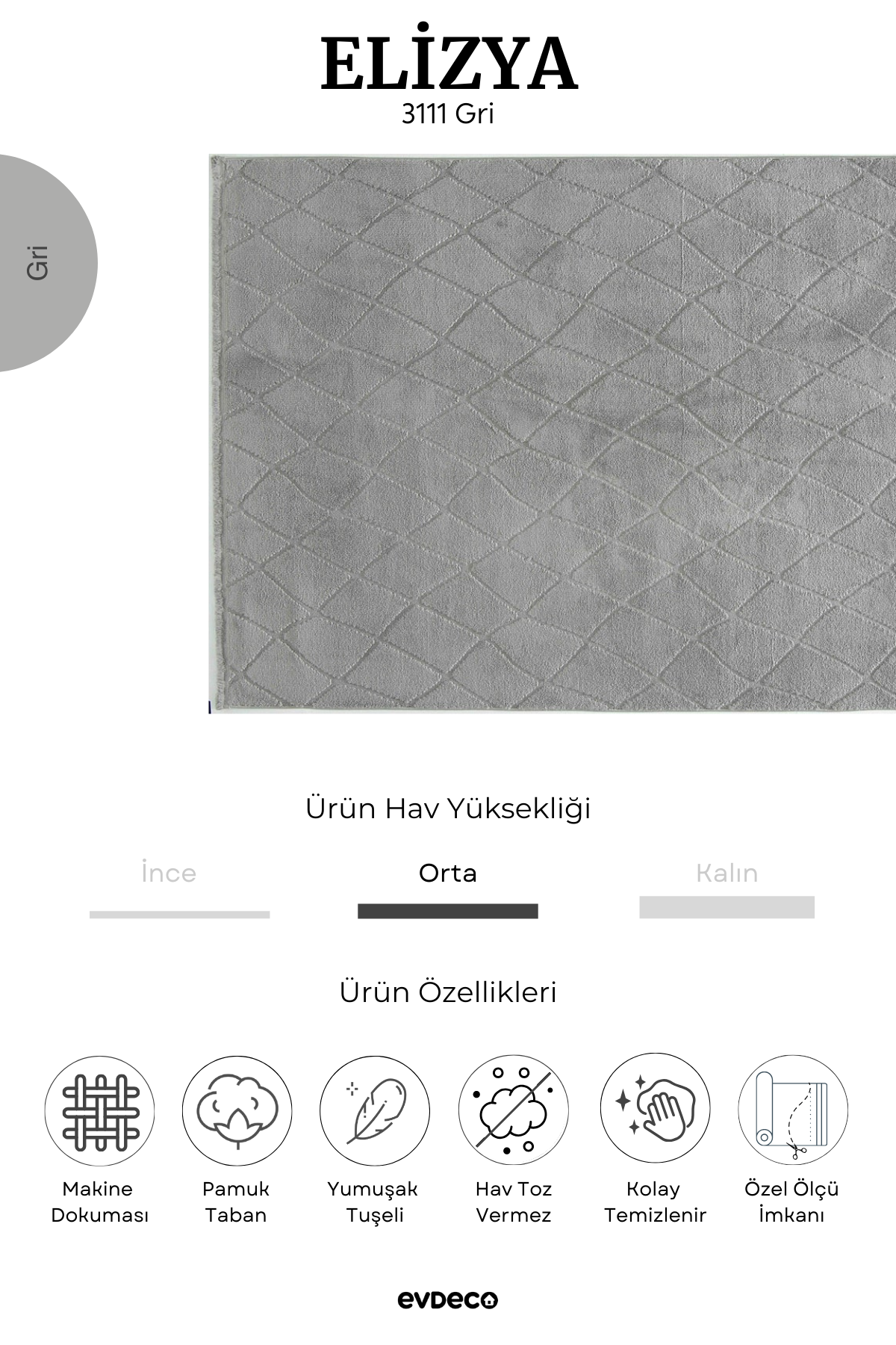 Evdeco Elizya 3111 Gri Modern Kesme Yolluk Halı