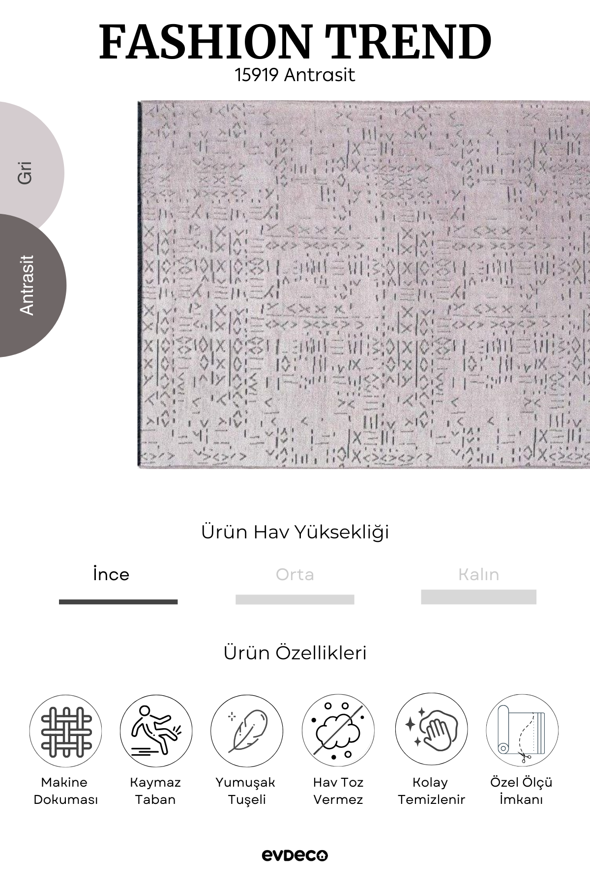 Evdeco Fashion Trend Anthracite Ethnic Patterned Carpet