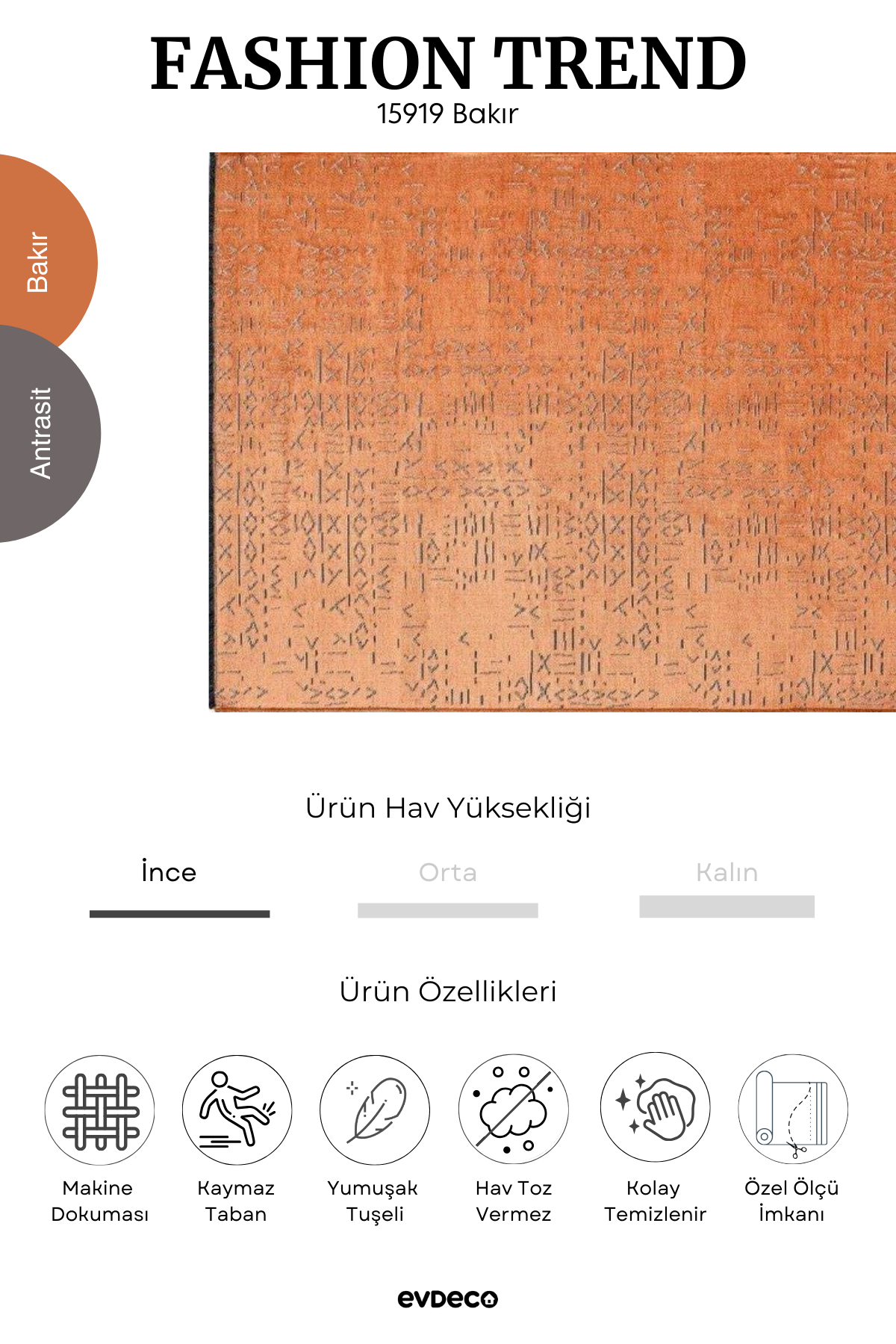 Evdeco Fashion Trend Copper Ethnic Patterned Carpet