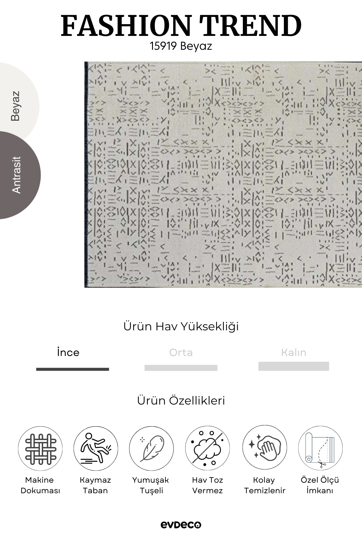 Evdeco Fashion Trend White Ethnic Patterned Carpet