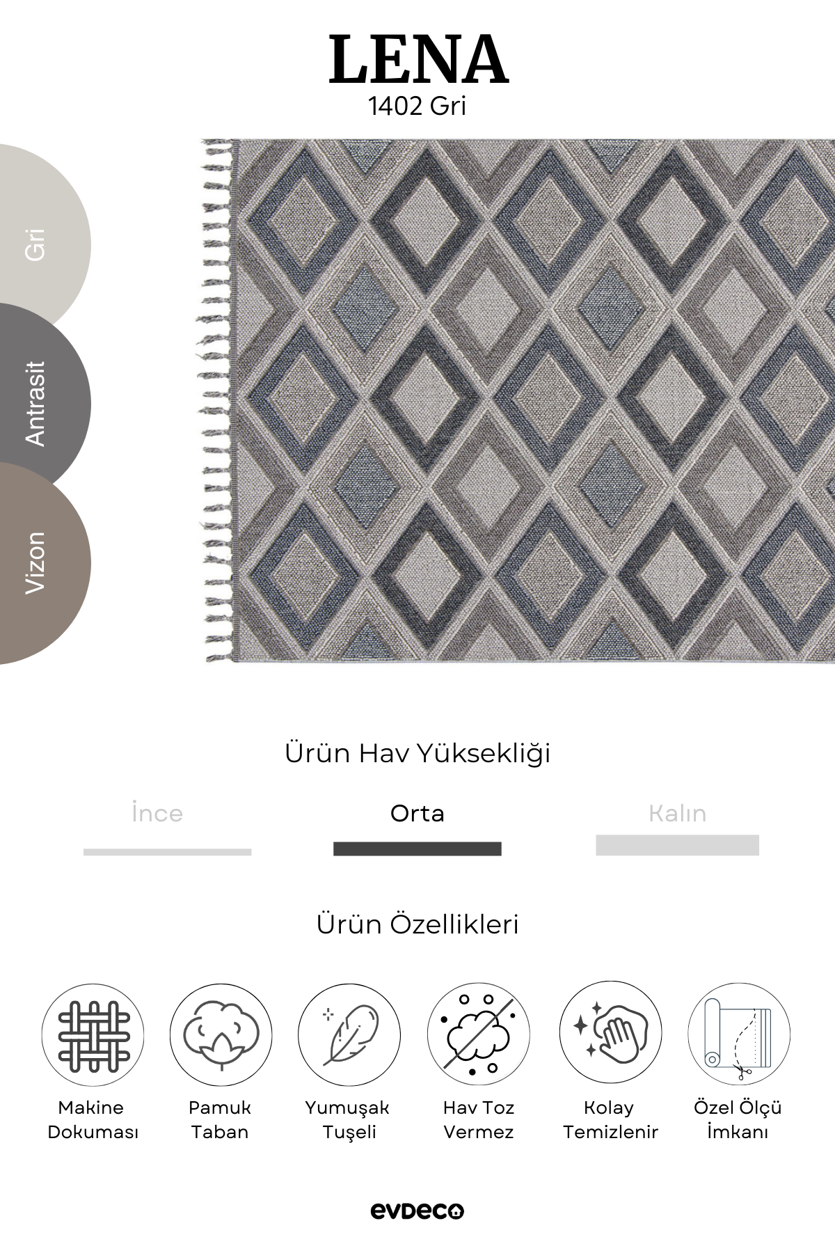 Evdeco Lena 1402 Gri Örgü Desenli Kesme Halı