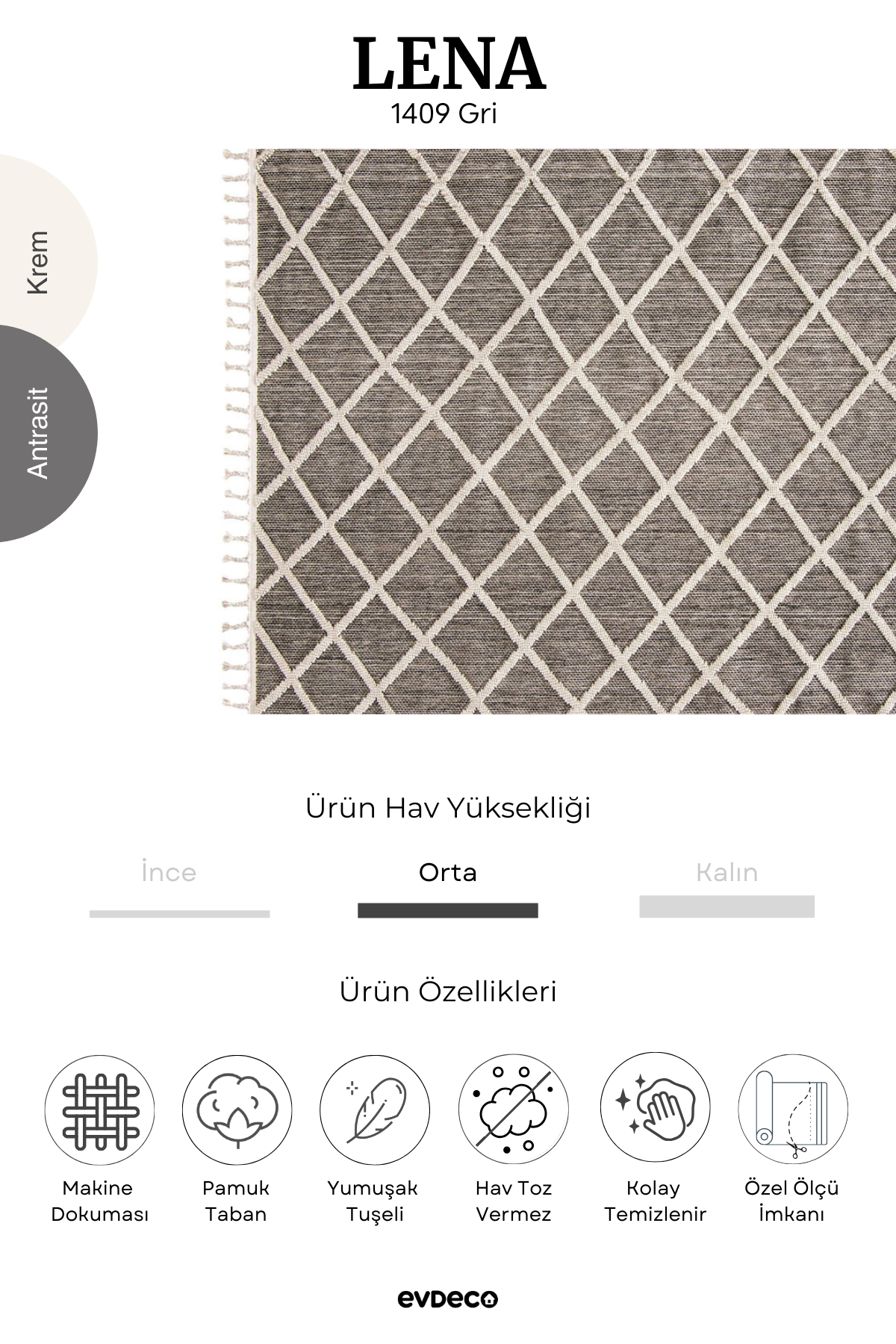 Evdeco Lena 1409 Gri Örgü Desenli Kesme Halı