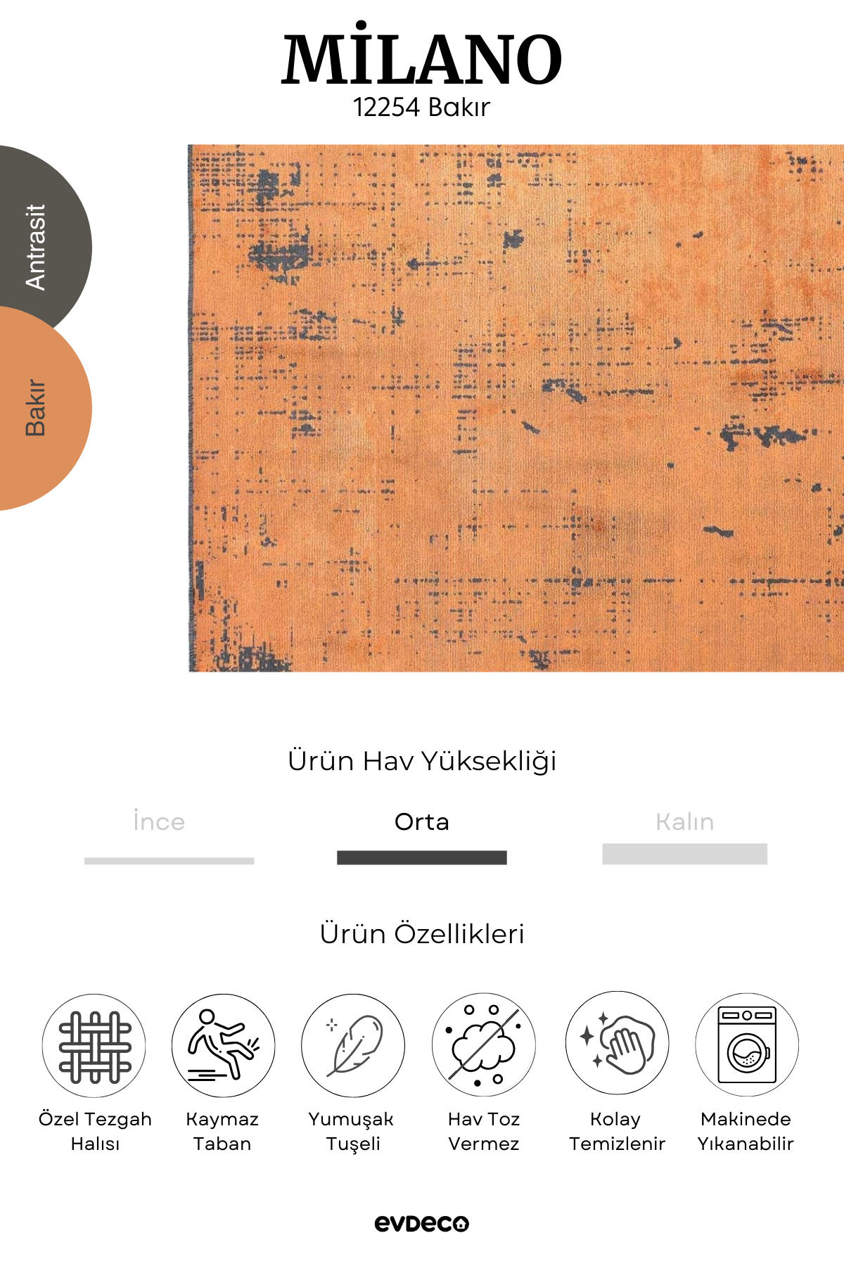 Evdeco Milano Modern Patterned Copper Living Room Carpet