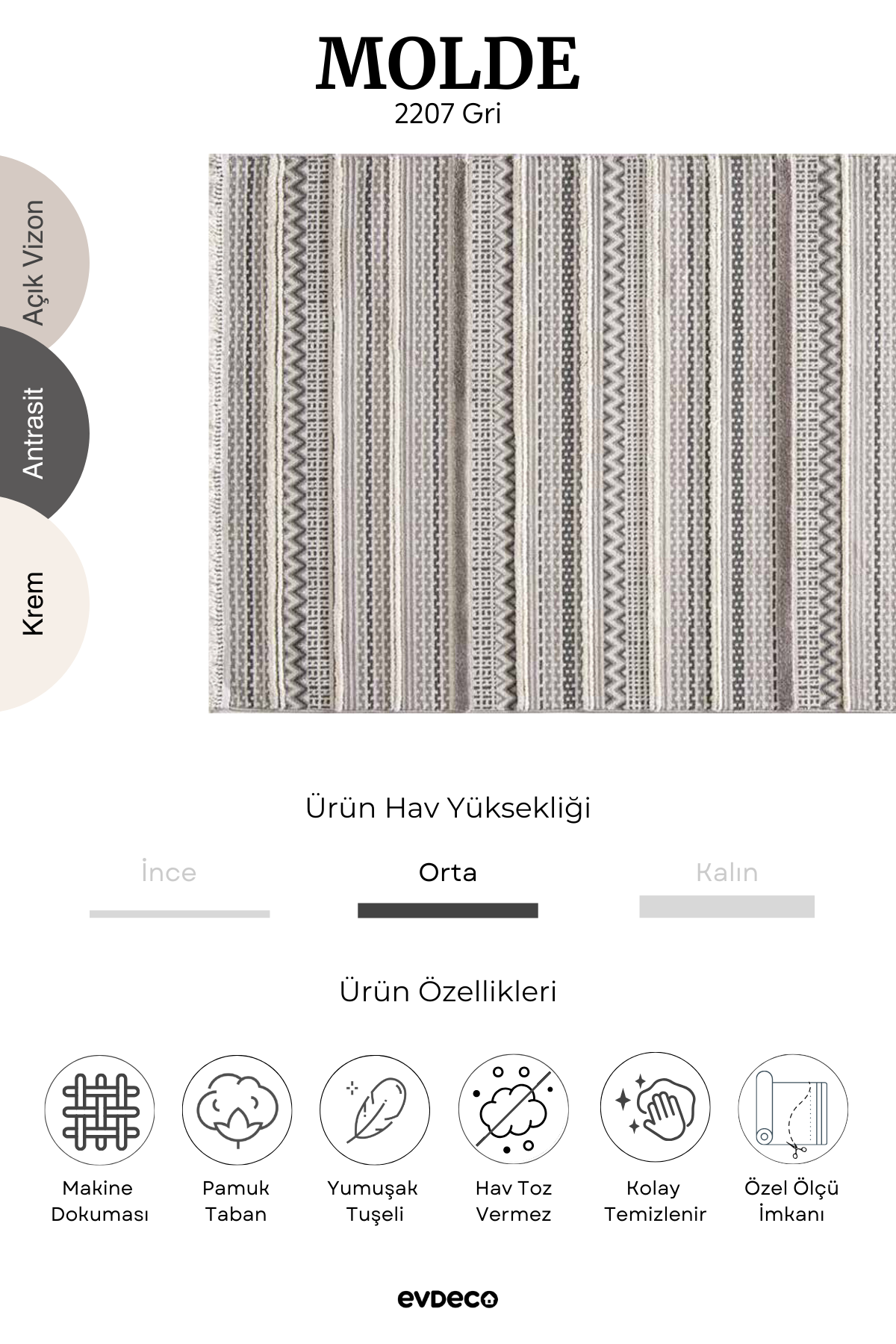 Evdeco Molde 2207 Gri Etnik Desenli Modern Salon Halısı