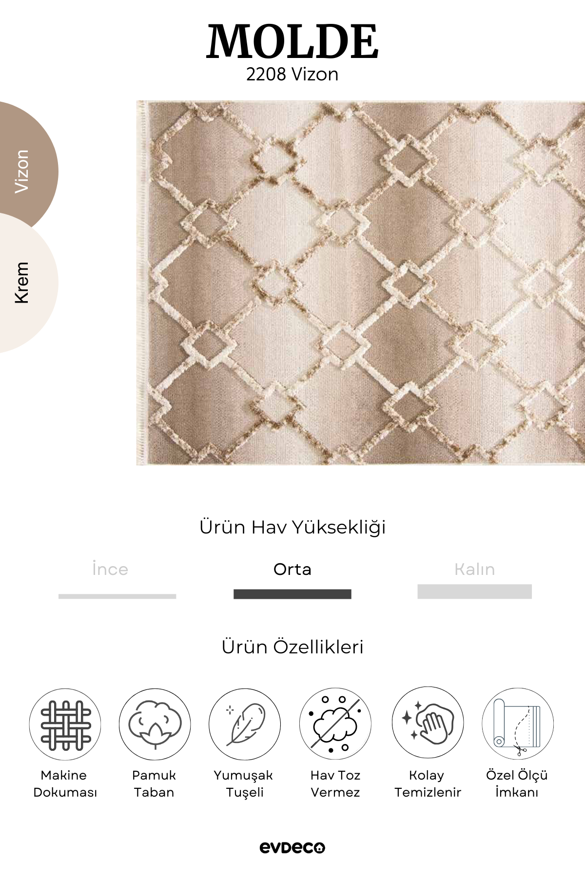 Evdeco Molde 2208 Vizon Etnik Desenli Modern Salon Halısı