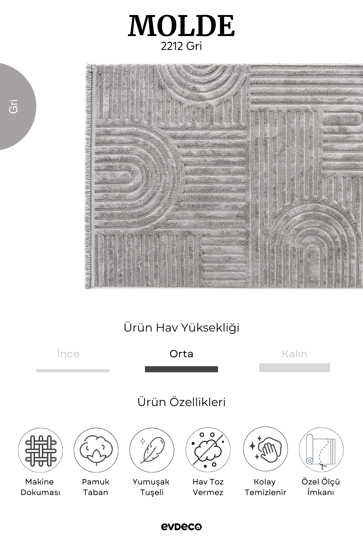 Evdeco Molde 2212 Gri Etnik Desenli Modern Salon Halısı