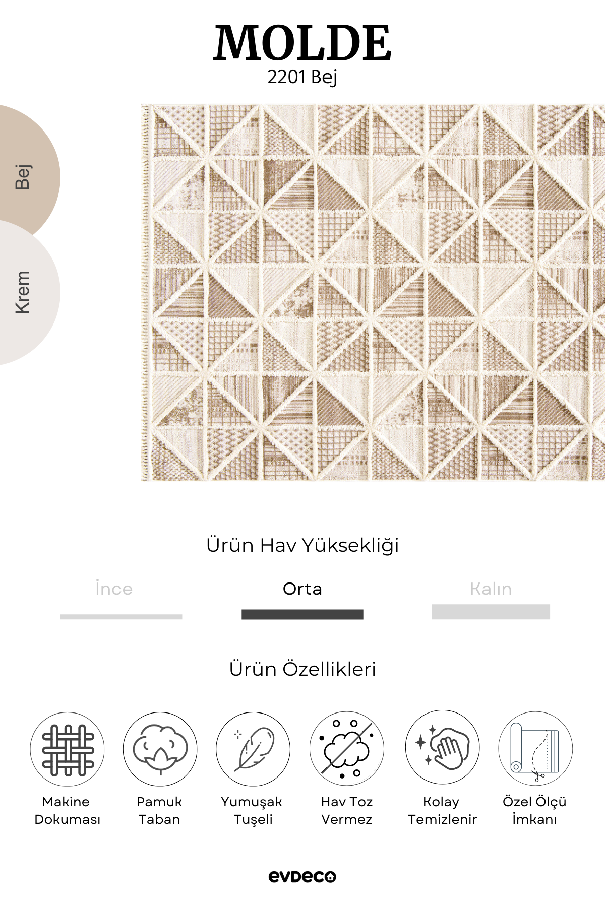 Evdeco Molde 2201 Cream Ethnic Patterned Modern Living Room Carpet