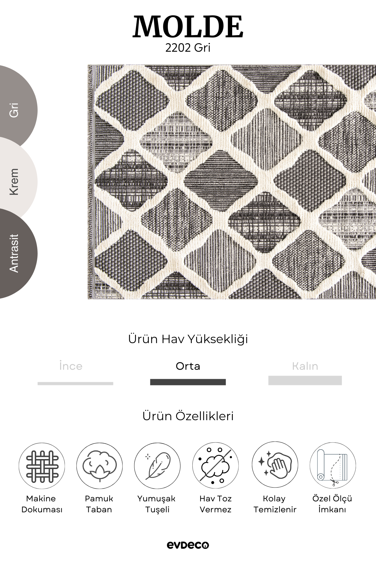 Evdeco Molde 2202 Gri Etnik Desenli Modern Salon Halısı