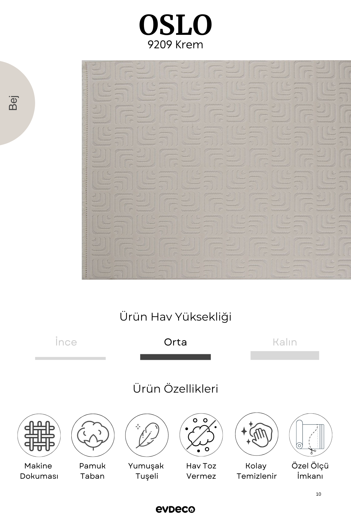 Evdeco Oslo 9209 Krem Yumuşak Tuşeli Modern Kesme Halı