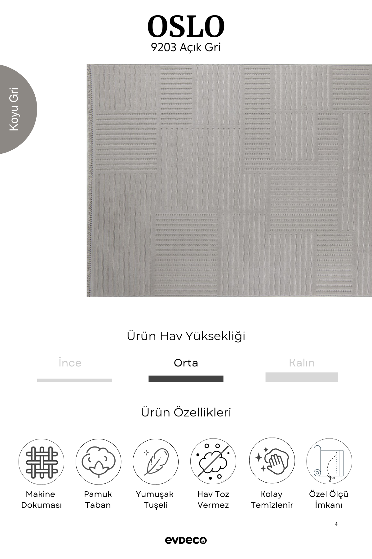 Evdeco Oslo 9203 Açık Gri Yumuşak Tuşeli Modern Kesme Halı