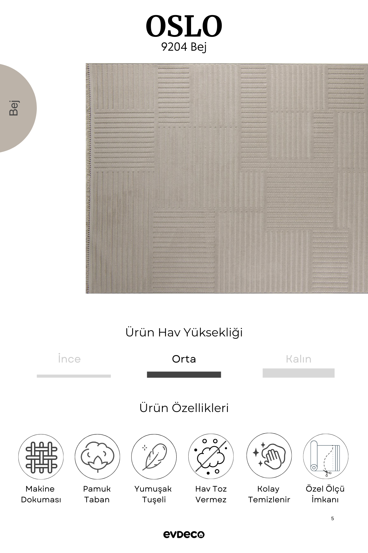 Evdeco Oslo 9204 Bej Yumuşak Tuşeli Modern Kesme Halı