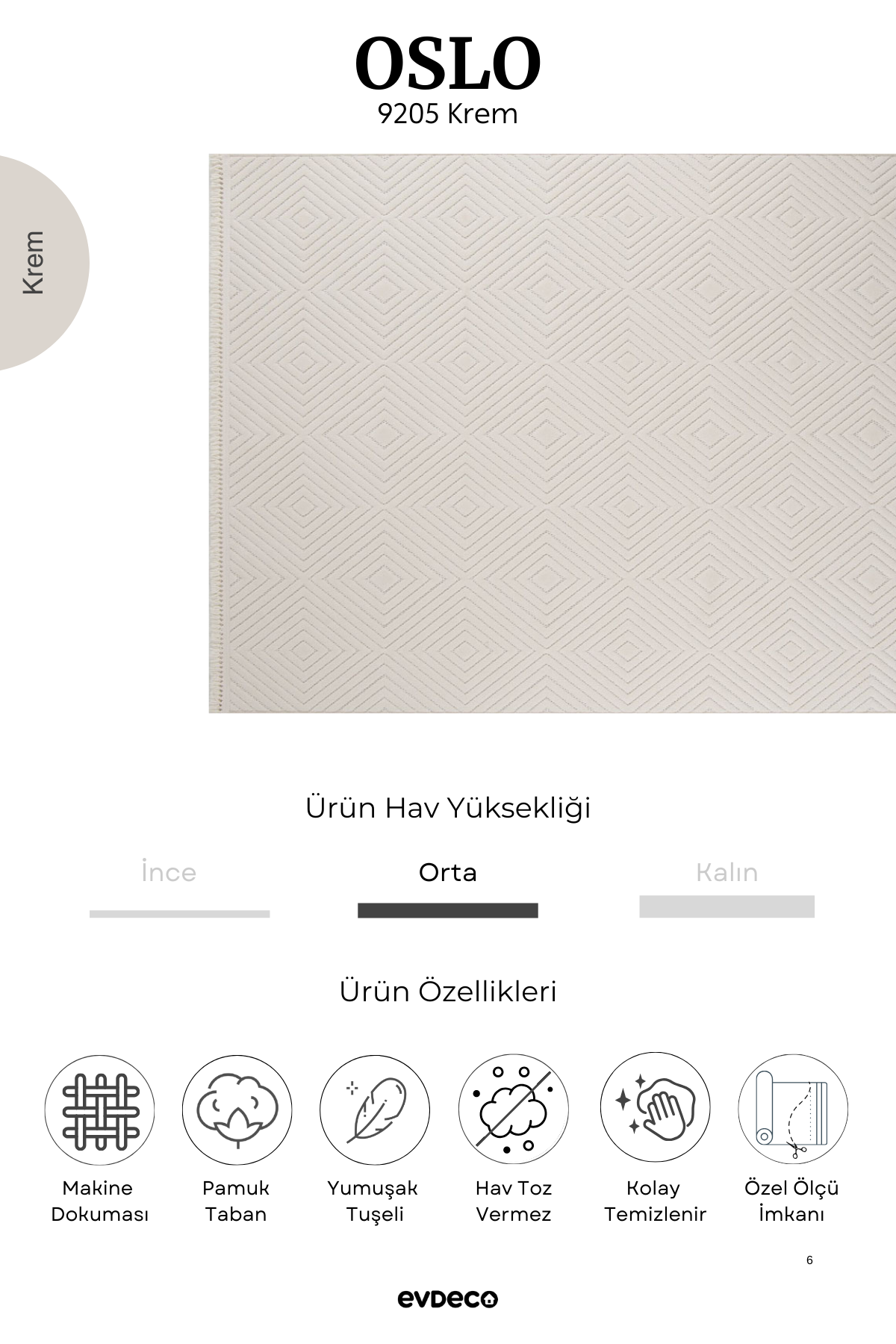 Evdeco Oslo 9205 Krem Yumuşak Tuşeli Modern Kesme Halı