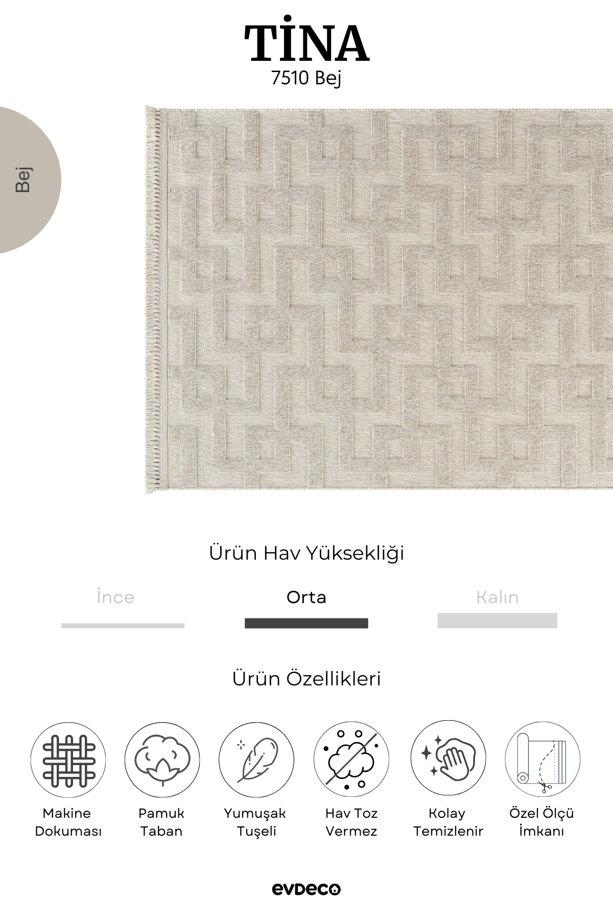 Evdeco Tina 7510 Bej Yumuşak Tuşeli Kesme Halı