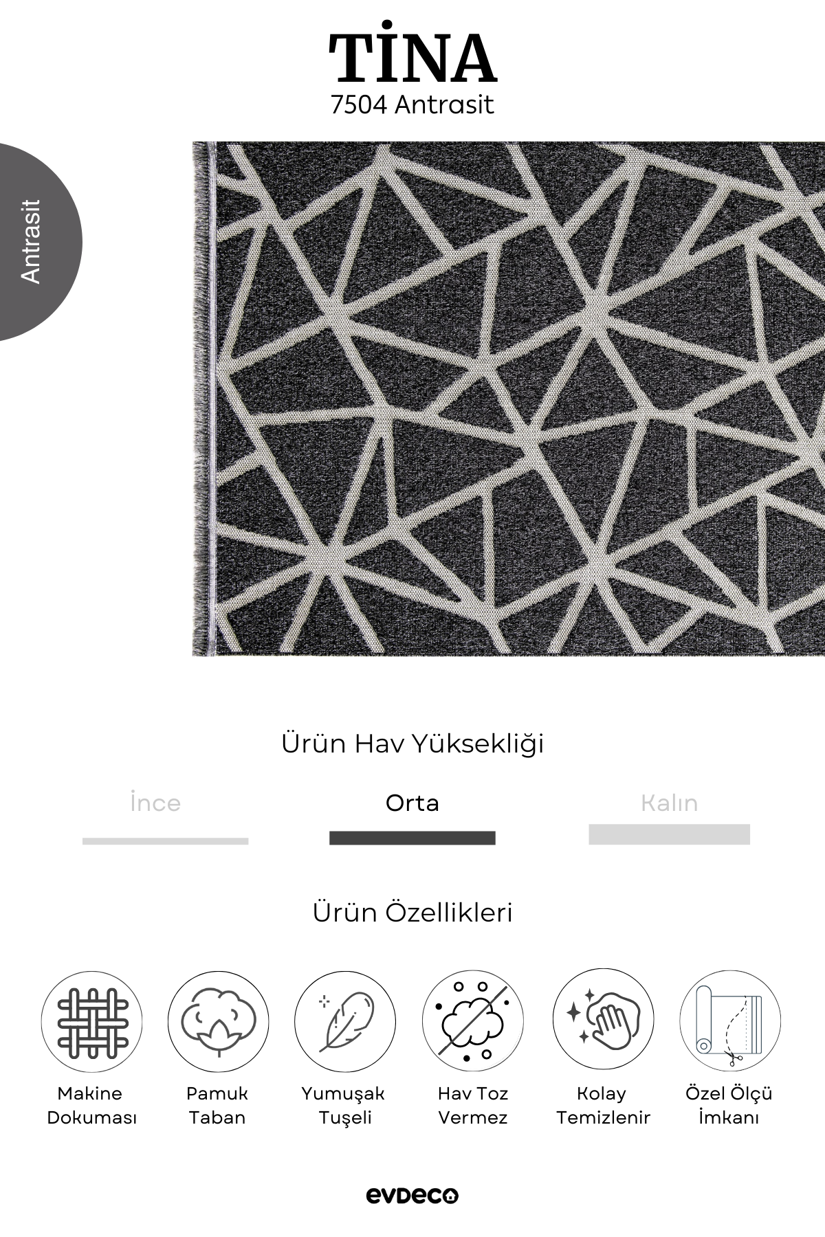 Evdeco Tina 7504 Antrasit Yumuşak Tuşeli Kesme Halı