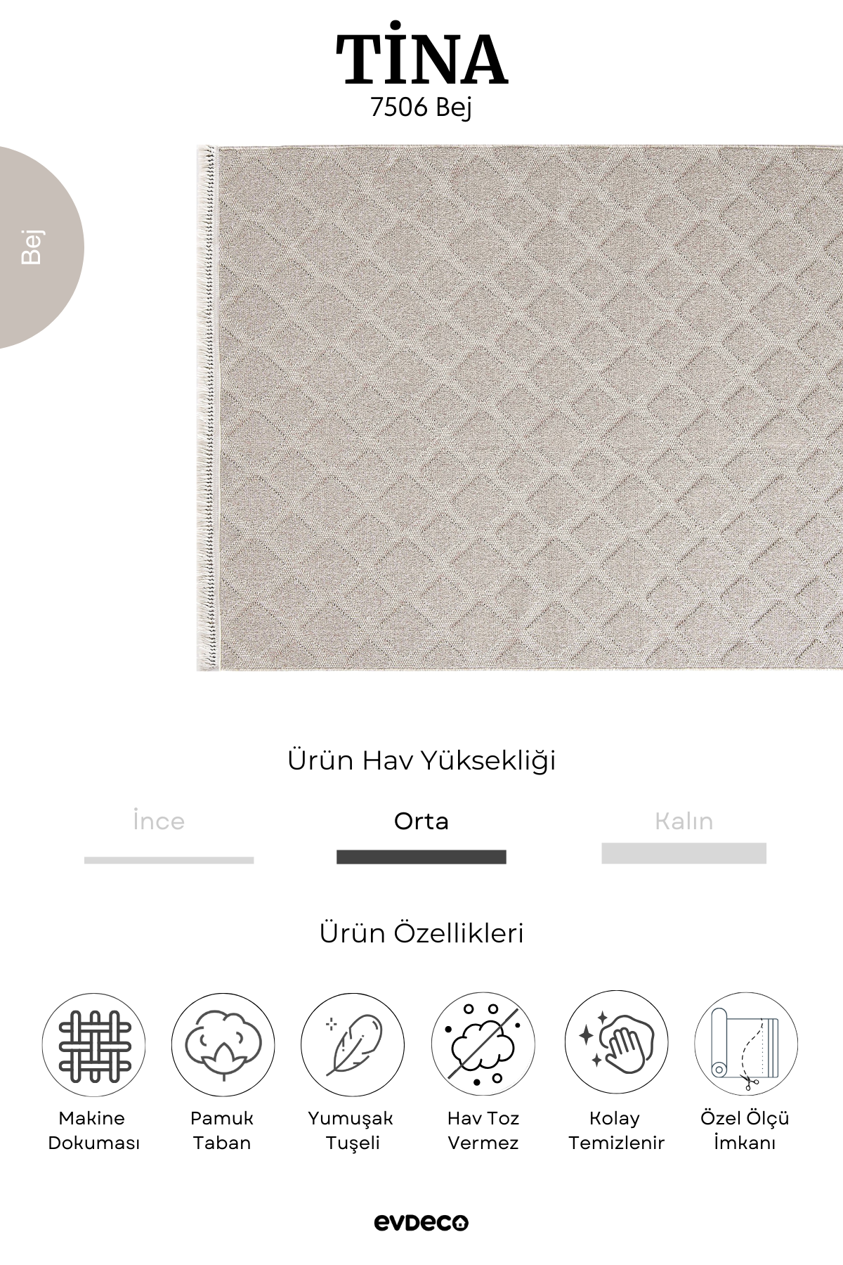 Evdeco Tina 7506 Bej Yumuşak Tuşeli Kesme Halı