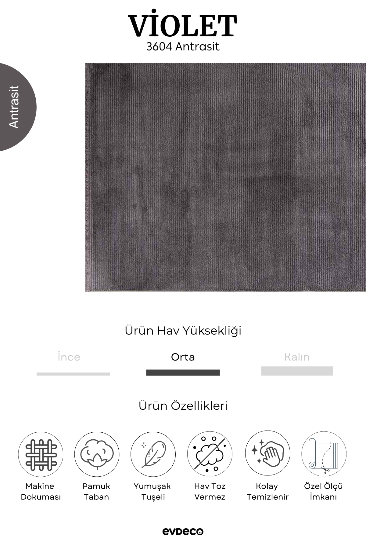 Evdeco Violet 3604 Antrasit Yumuşak Dokulu Modern Salon Halısı