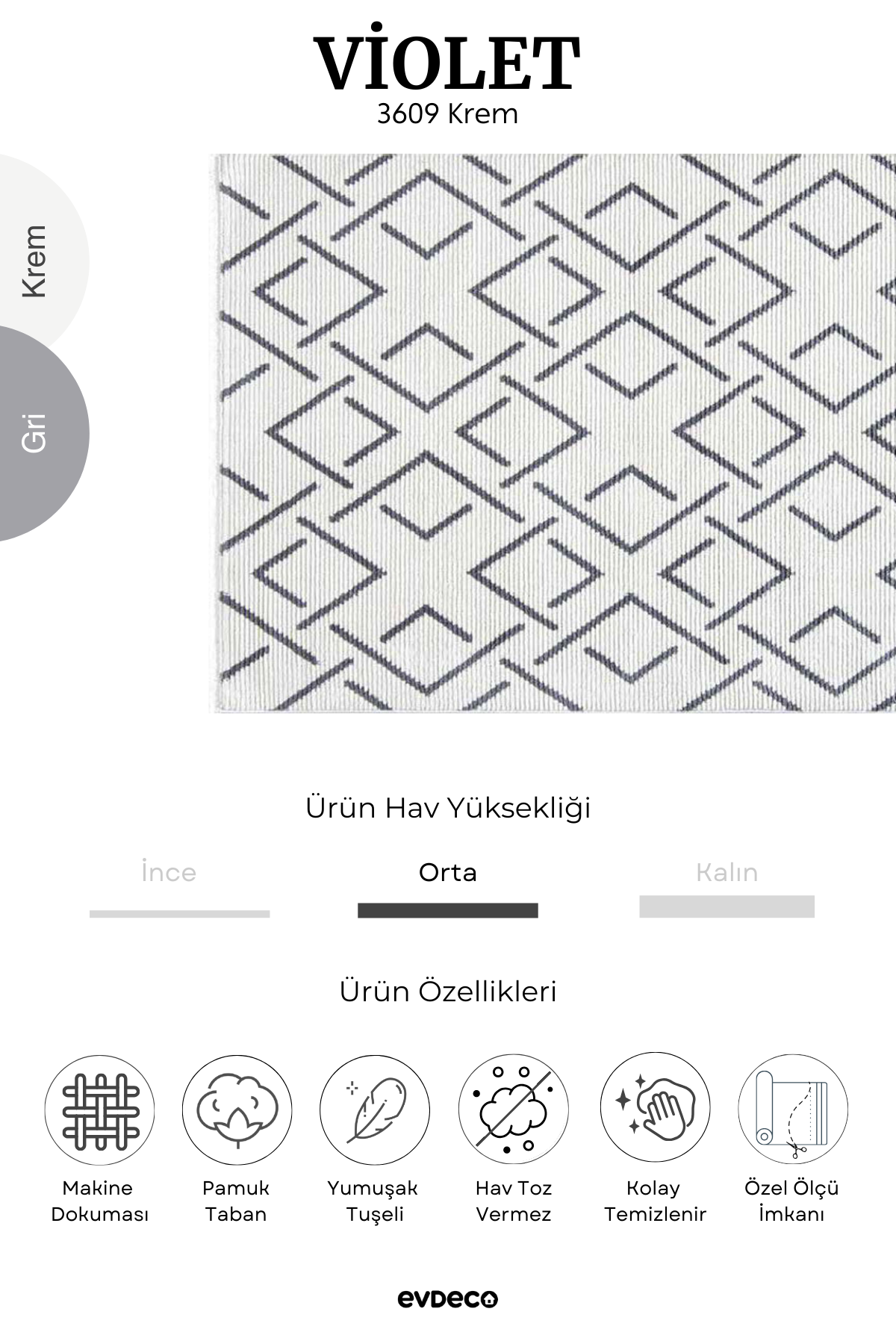 Evdeco Violet 3609 Cream Soft Textured Modern Living Room Carpet