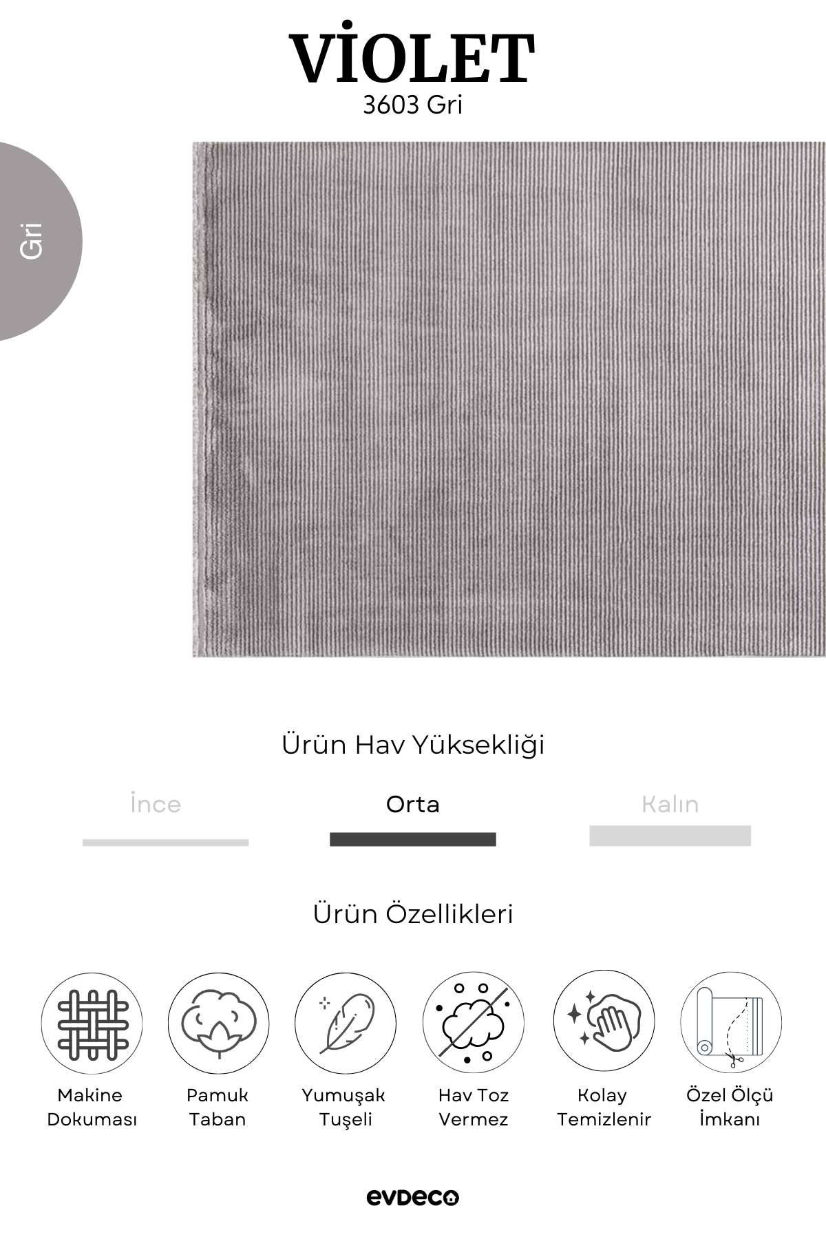 Evdeco Violet 3603 Gri Yumuşak Dokulu Modern Salon Halısı