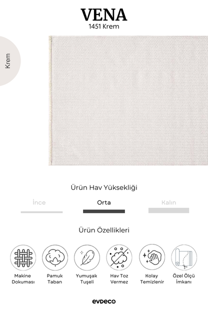 Evdeco Vena 1451 Krem Yumuşak ve Parlak Tuşeli Kesme Halı