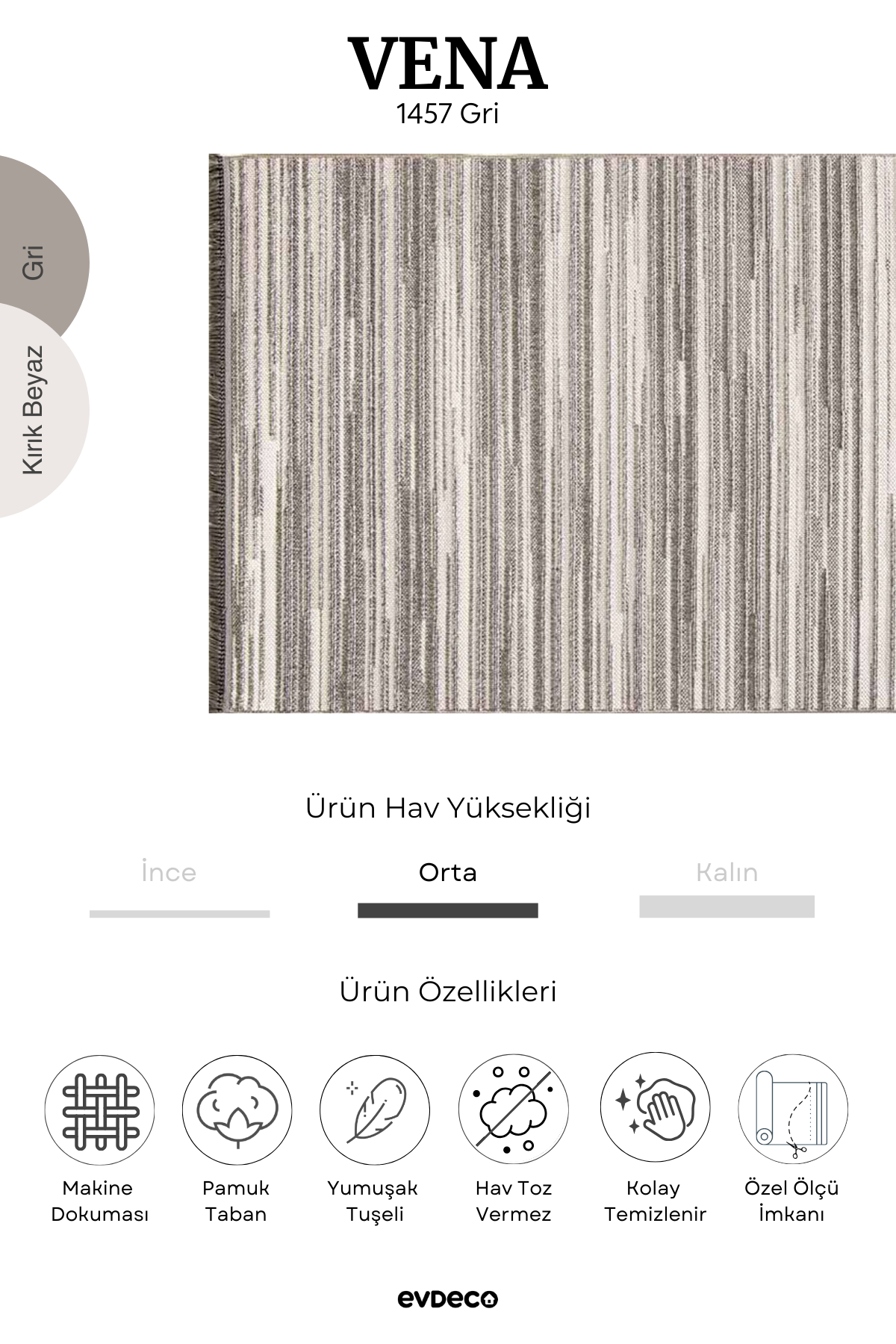 Evdeco Vena 1457 Gri Yumuşak ve Parlak Tuşeli Kesme Halı