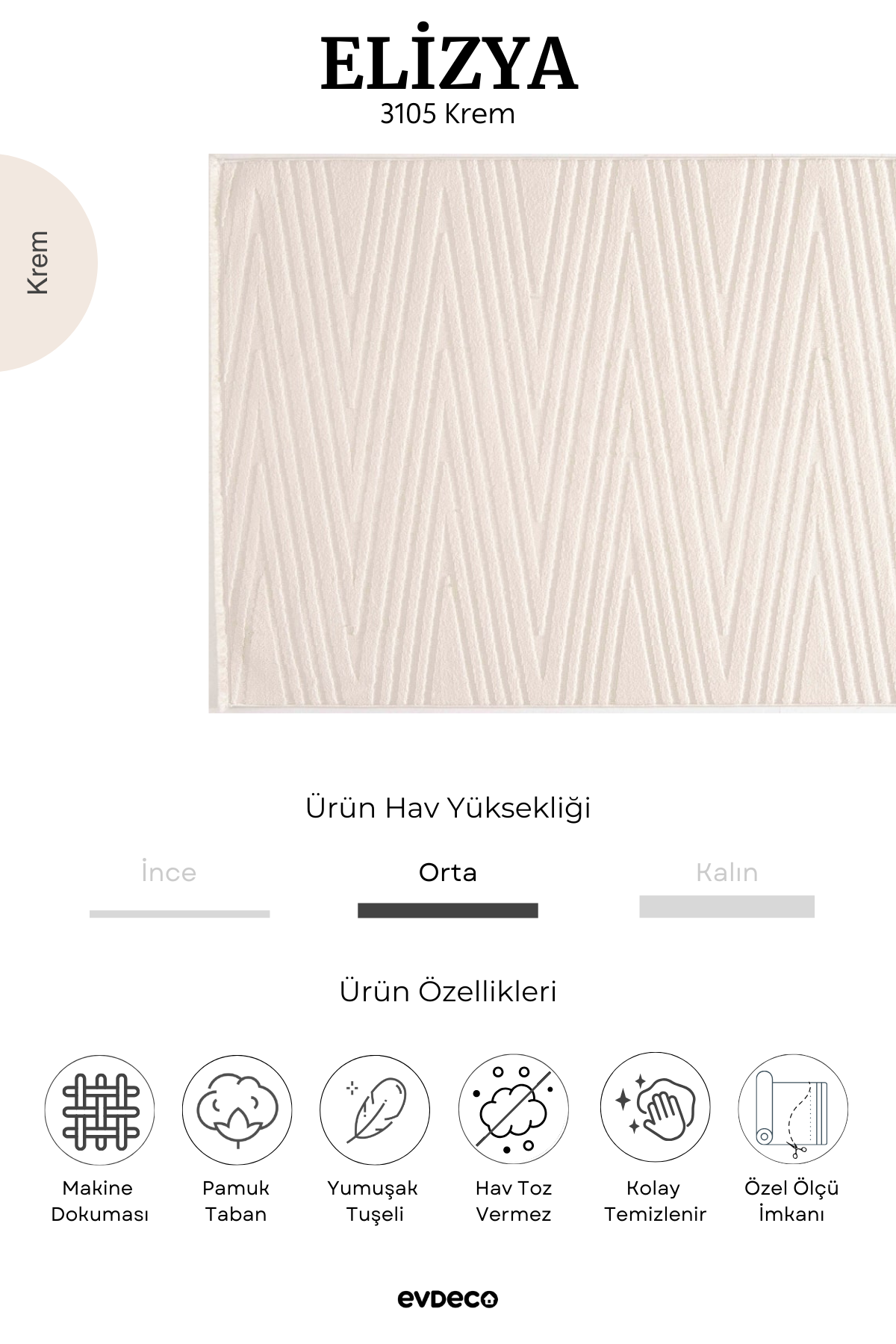 Evdeco Elizya 3105 Krem Modern Kesme Yolluk Halı