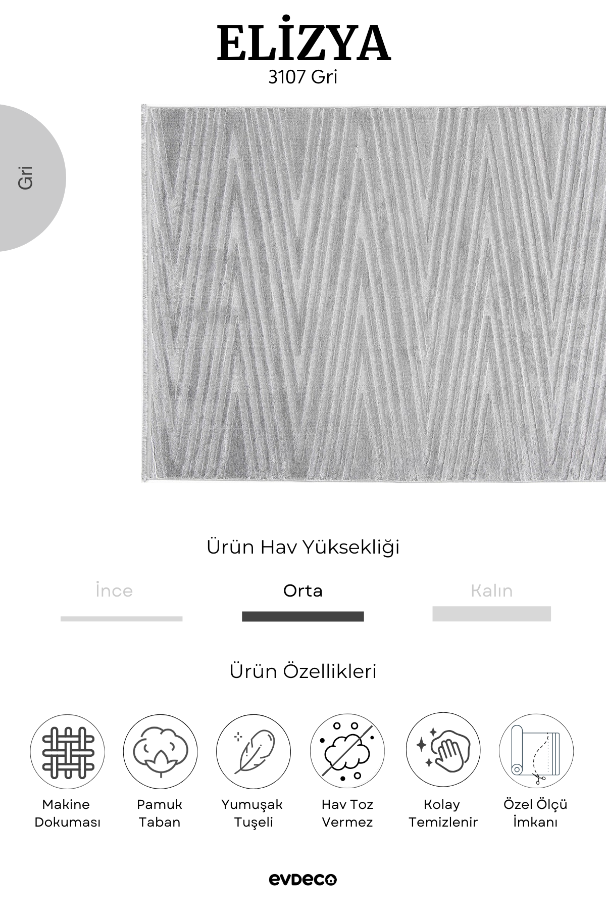 Evdeco Elizya 3107 Gri Modern Kesme Yolluk Halı