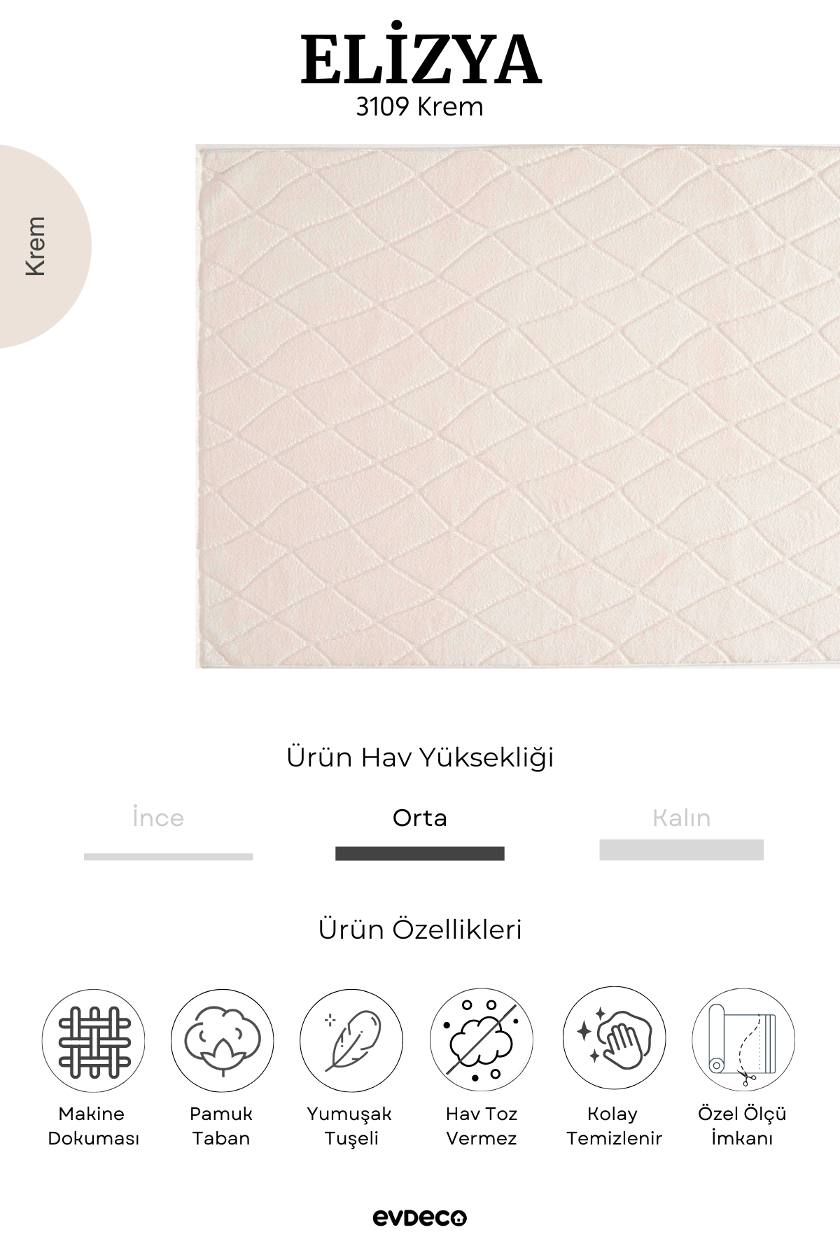 Evdeco Elizya 3109 Krem Modern Kesme Yolluk Halı