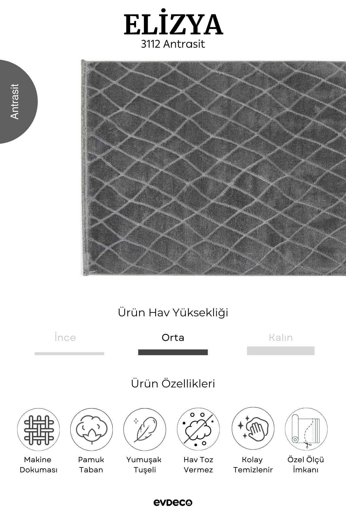 Evdeco Elizya 3112 Antrasit Modern Kesme Yolluk Halı