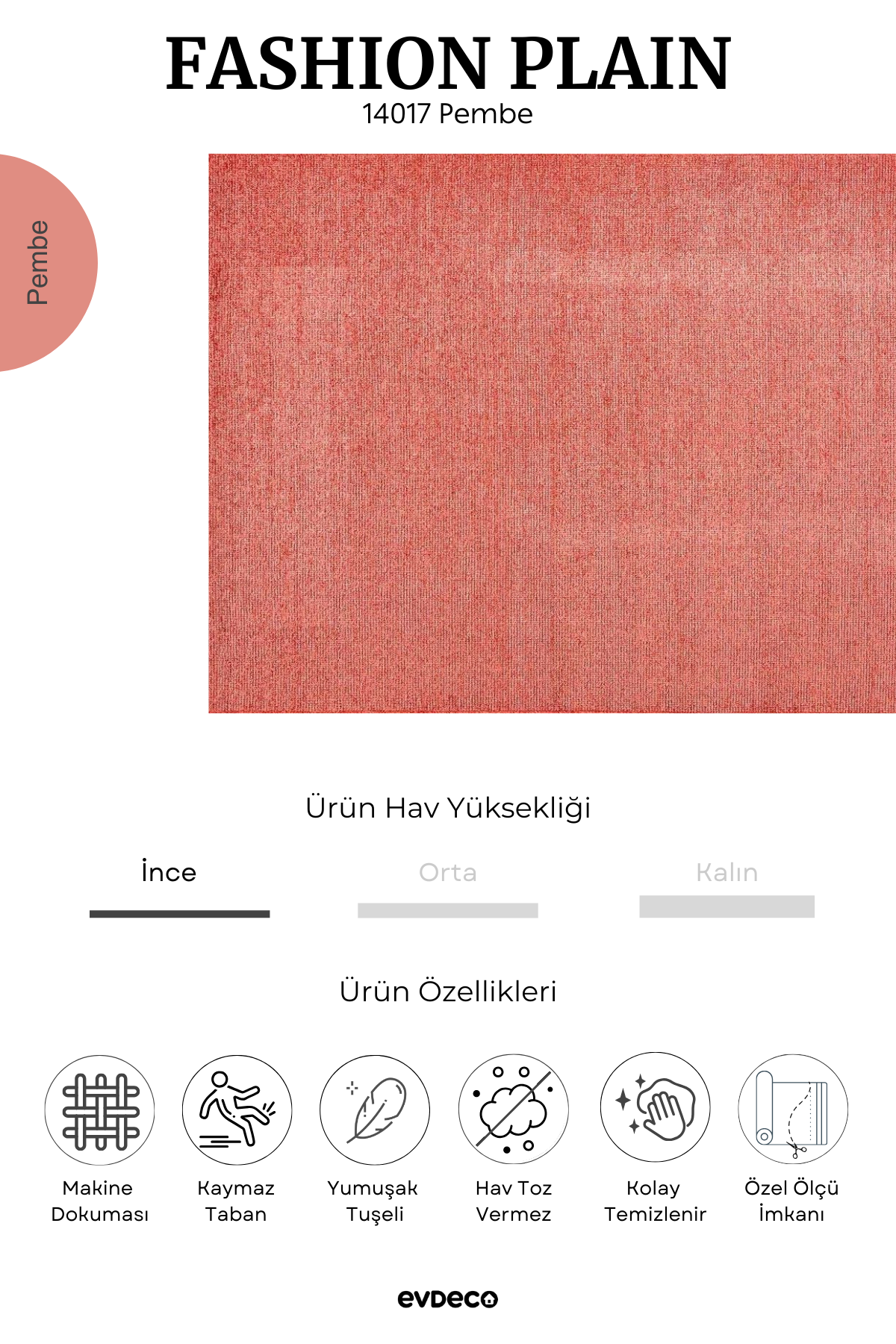 Evdeco Fashion Plain Pembe Düz Dokuma Şönil Halı