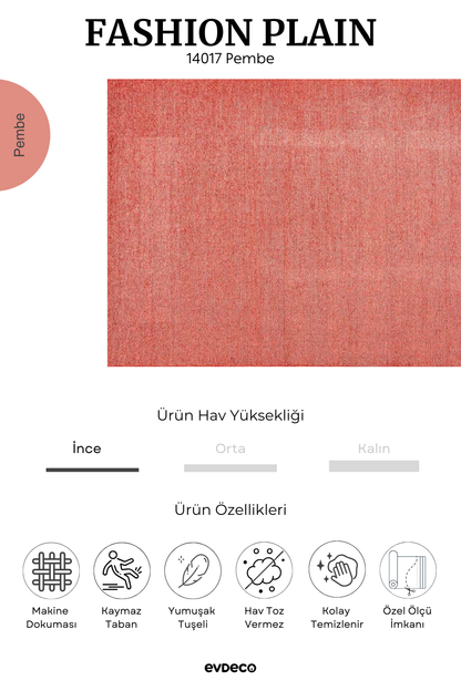 Evdeco Fashion Plain Pembe Düz Dokuma Şönil Halı