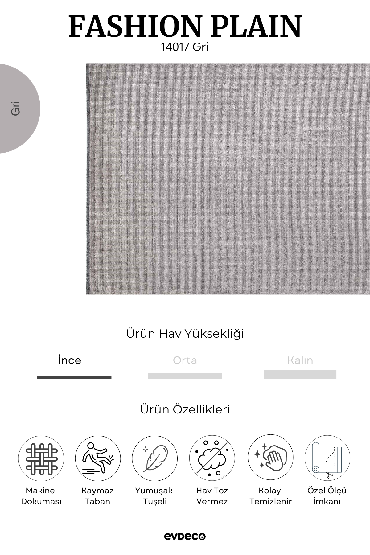 Evdeco Fashion Plain Gri Düz Dokuma Şönil Halı