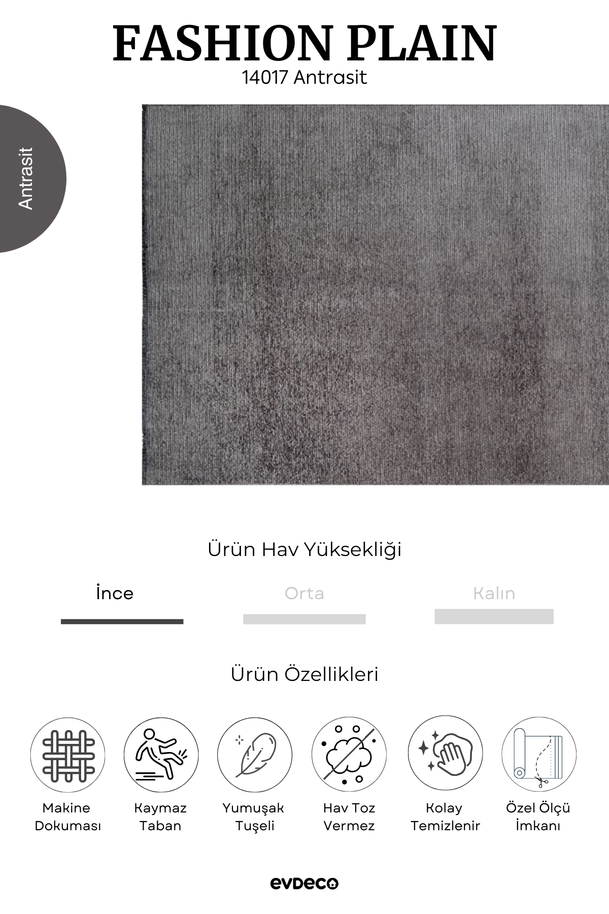 Evdeco Fashion Plain Antrasit Düz Dokuma Şönil Halı