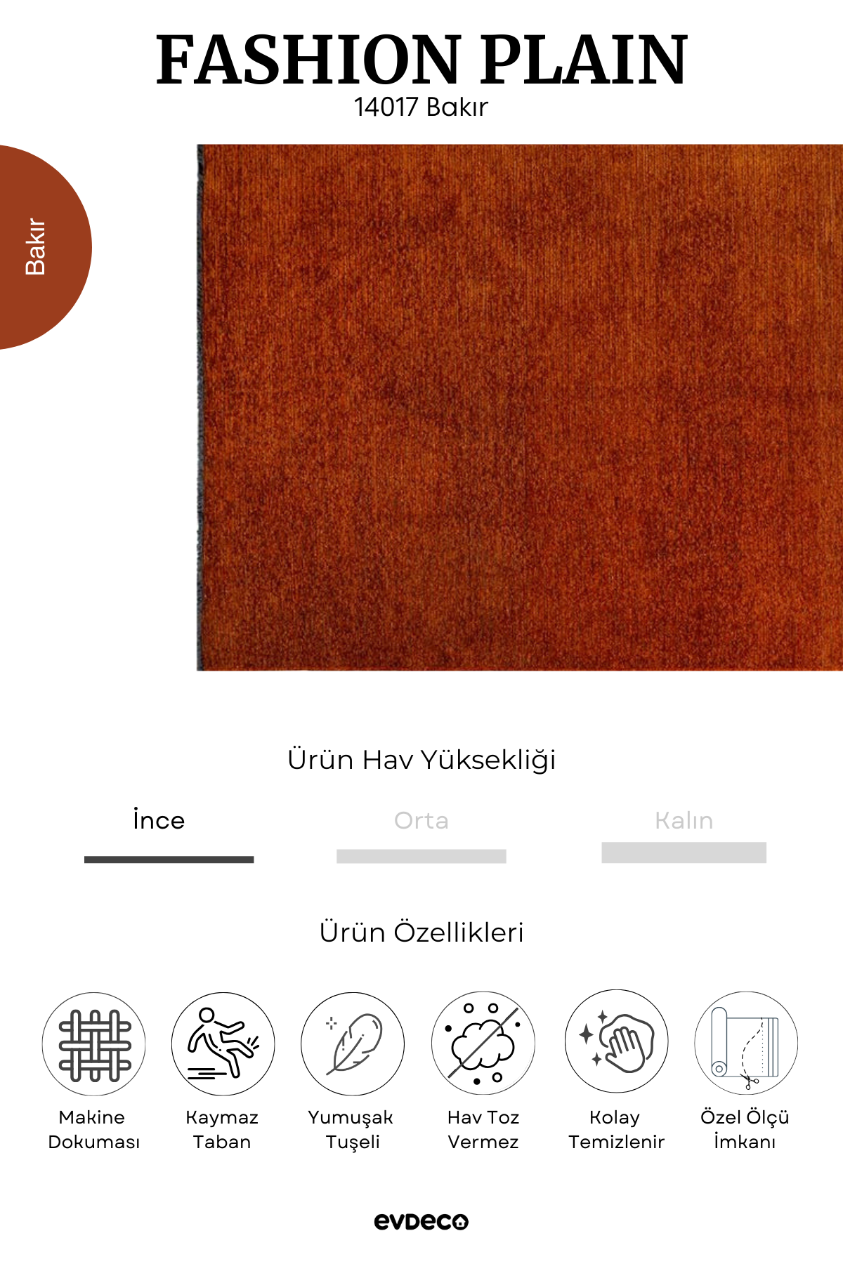 Evdeco Fashion Plain Bakır Düz Dokuma Şönil Halı