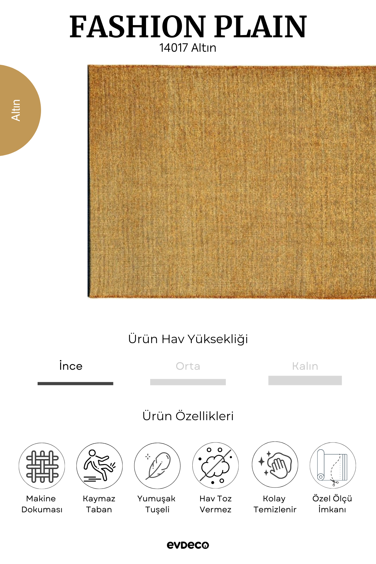 Evdeco Fashion Plain Gold Düz Dokuma Şönil Halı