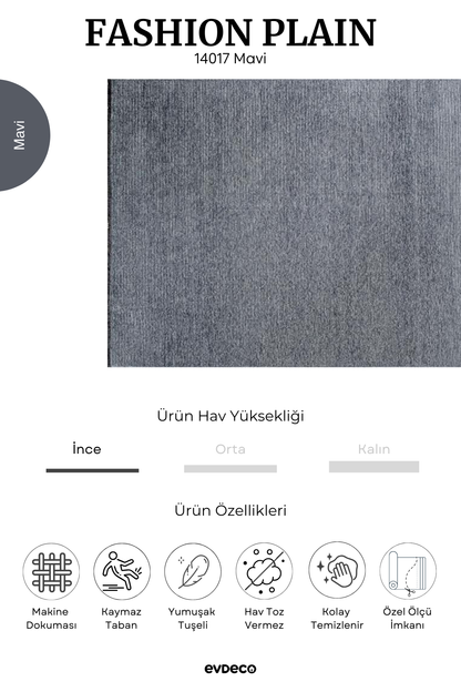 Evdeco Fashion Plain Mavi Düz Dokuma Şönil Halı