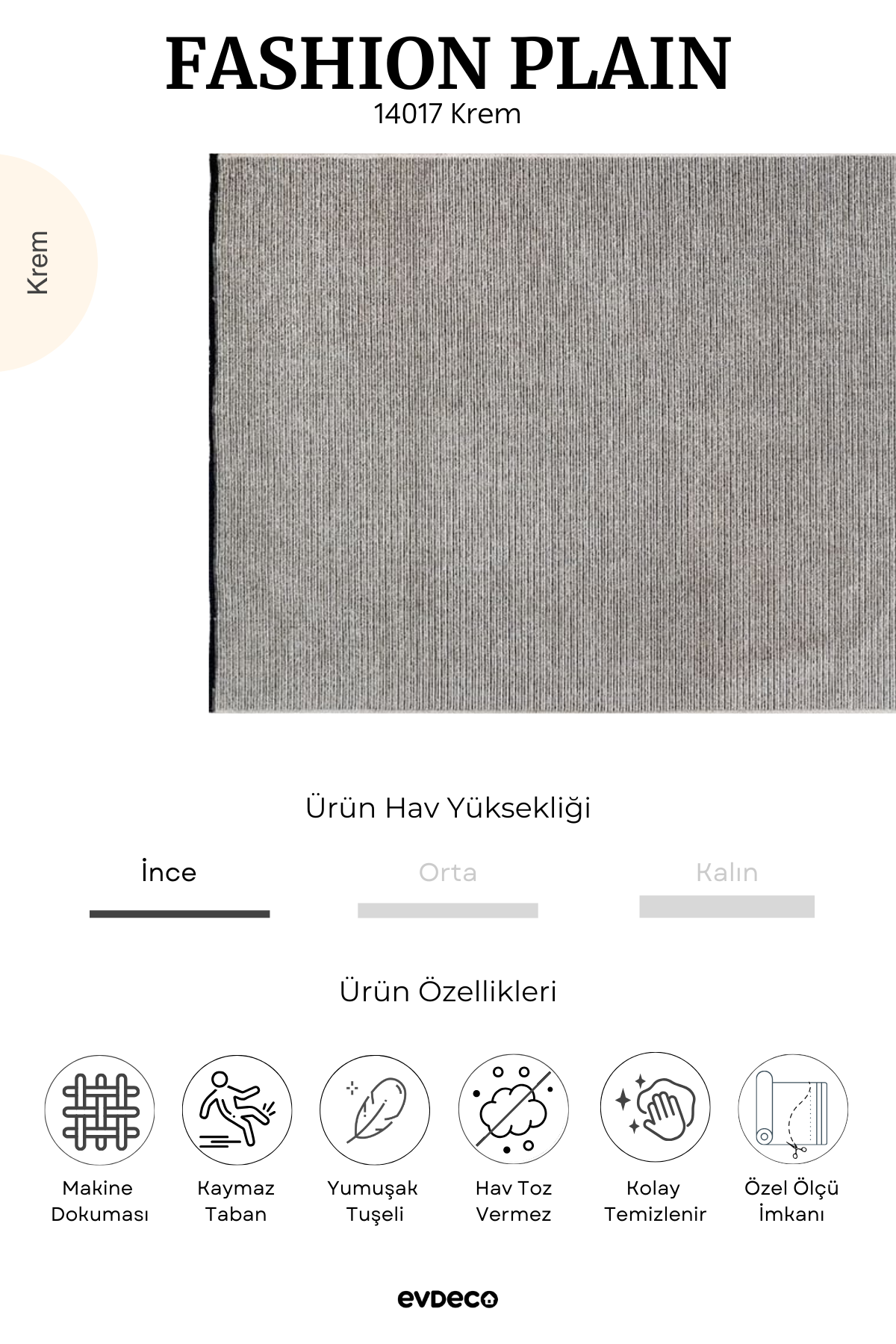Evdeco Fashion Plain Açık Krem Düz Dokuma Şönil Halı