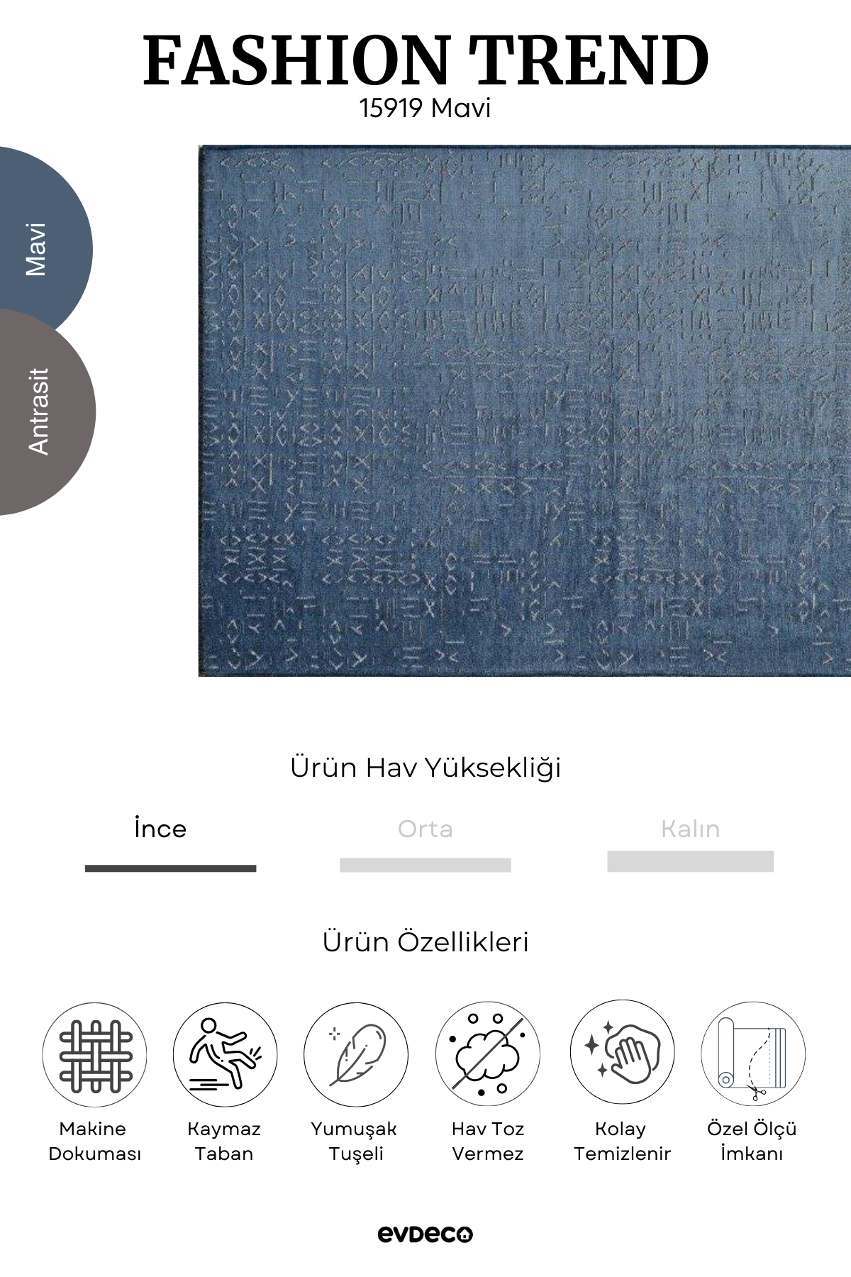 Evdeco Fashion Trend Mavi Etnik Desenli Halı
