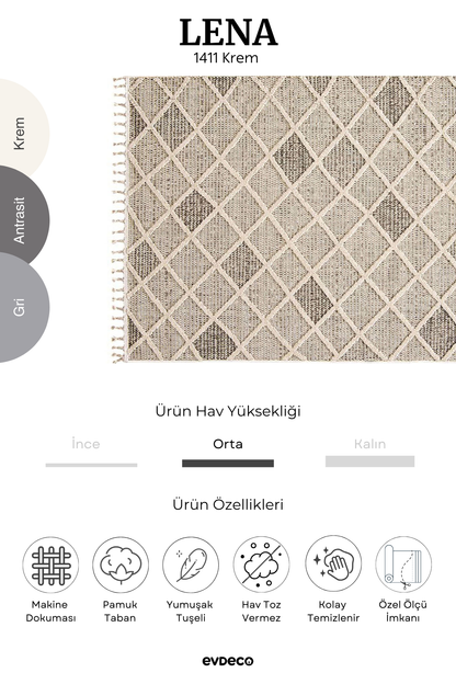 Evdeco Lena 1411 Krem Örgü Desenli Kesme Halı