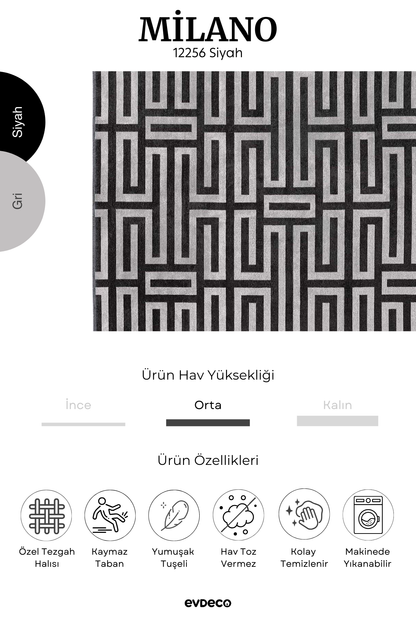 Evdeco Milano Geometrik Desenli Siyah Salon Halısı