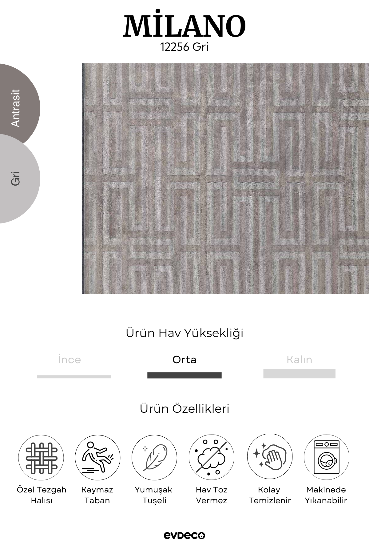 Evdeco Milano Geometrik Desenli Gri Salon Halısı