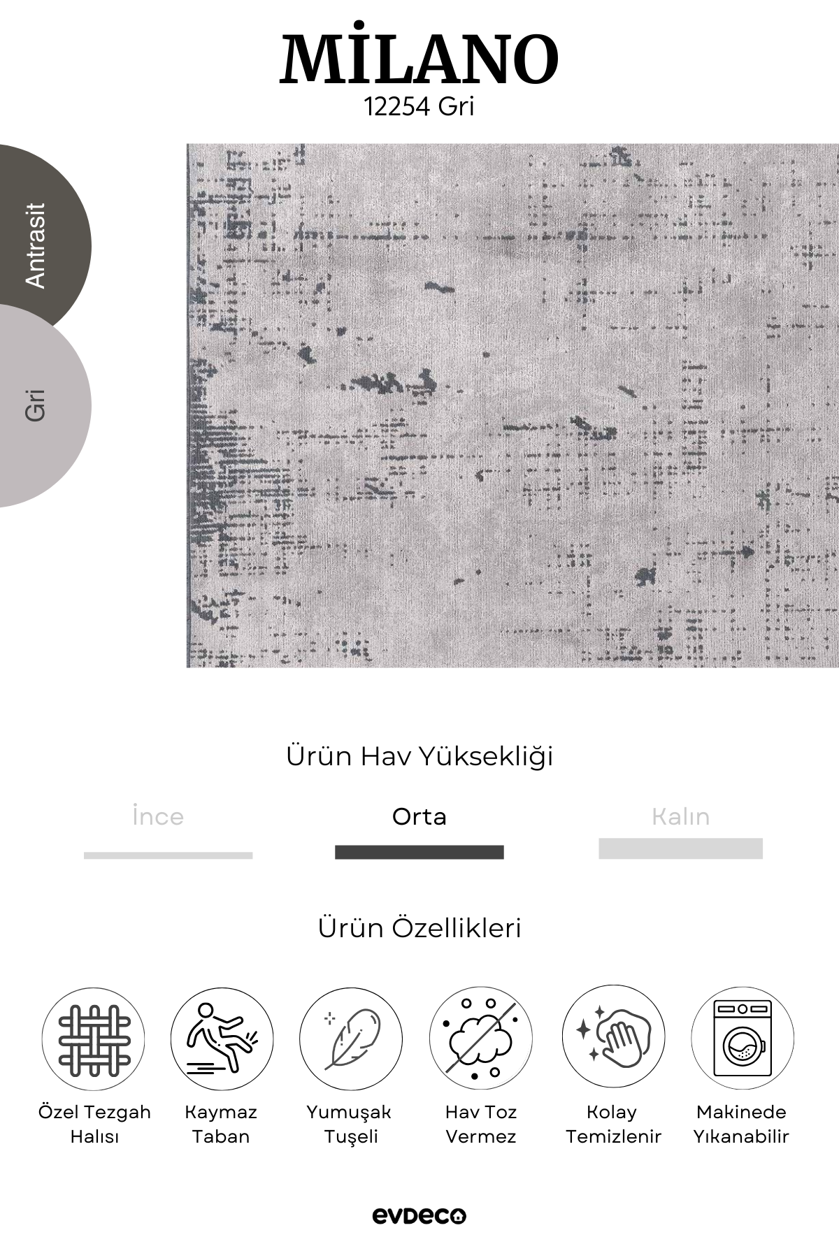 Evdeco Milano Modern Desenli Gri Salon Halısı